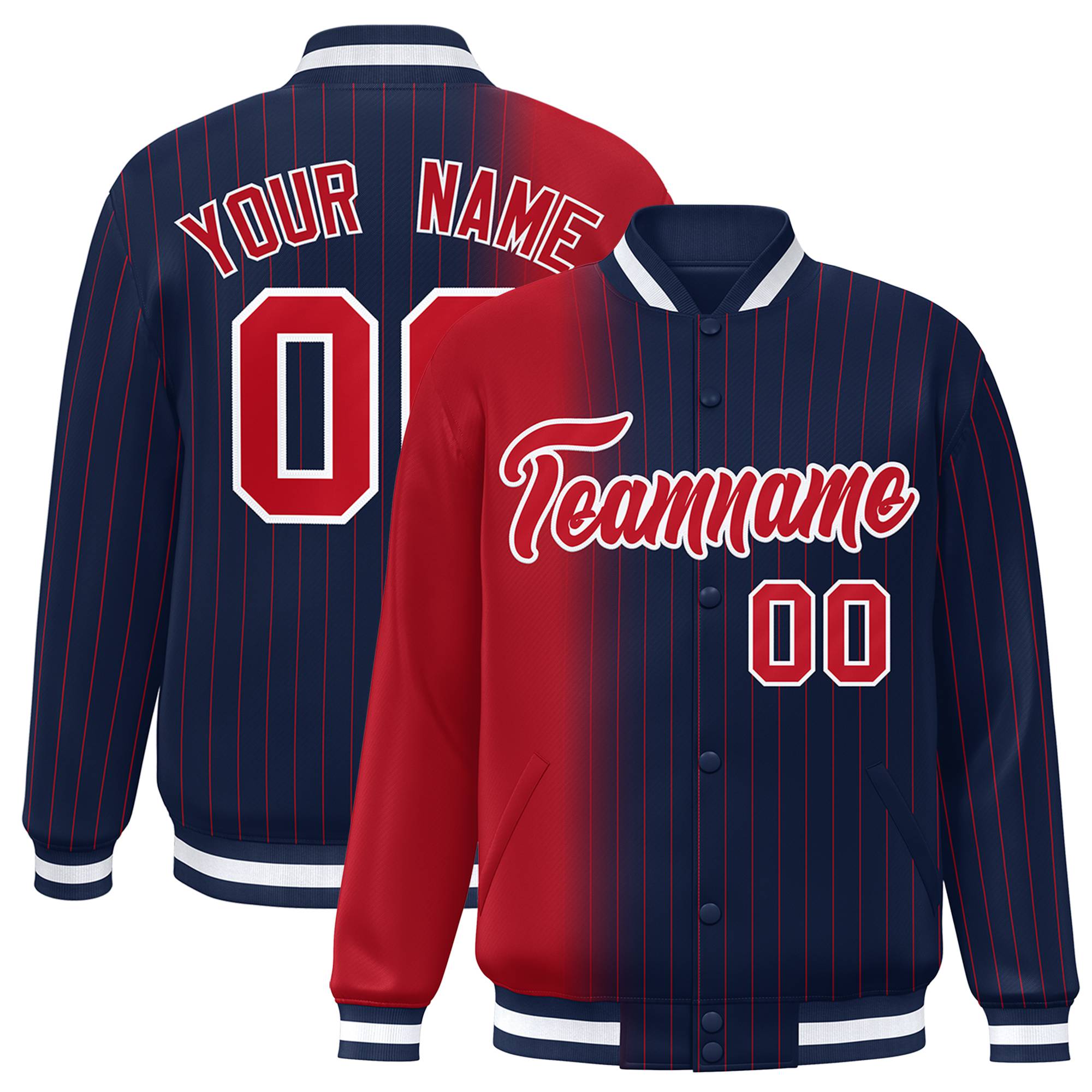 Custom Navy Red Pinstripe White-Red Gradient Fashion Varsity Full-Snap Jacket