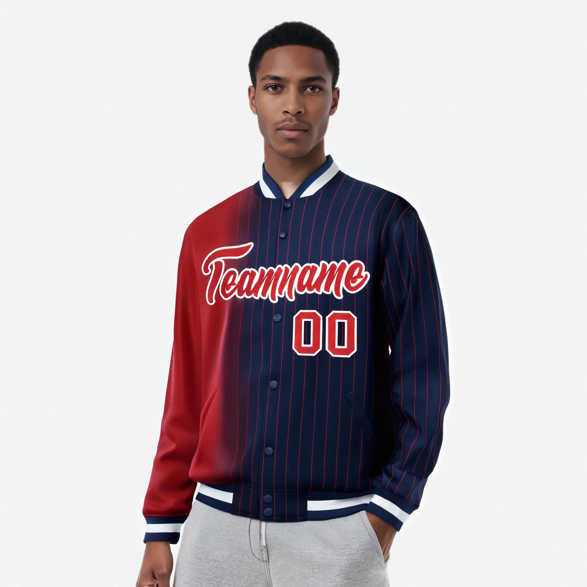 Custom Navy Red Pinstripe White-Red Gradient Fashion Varsity Full-Snap Jacket