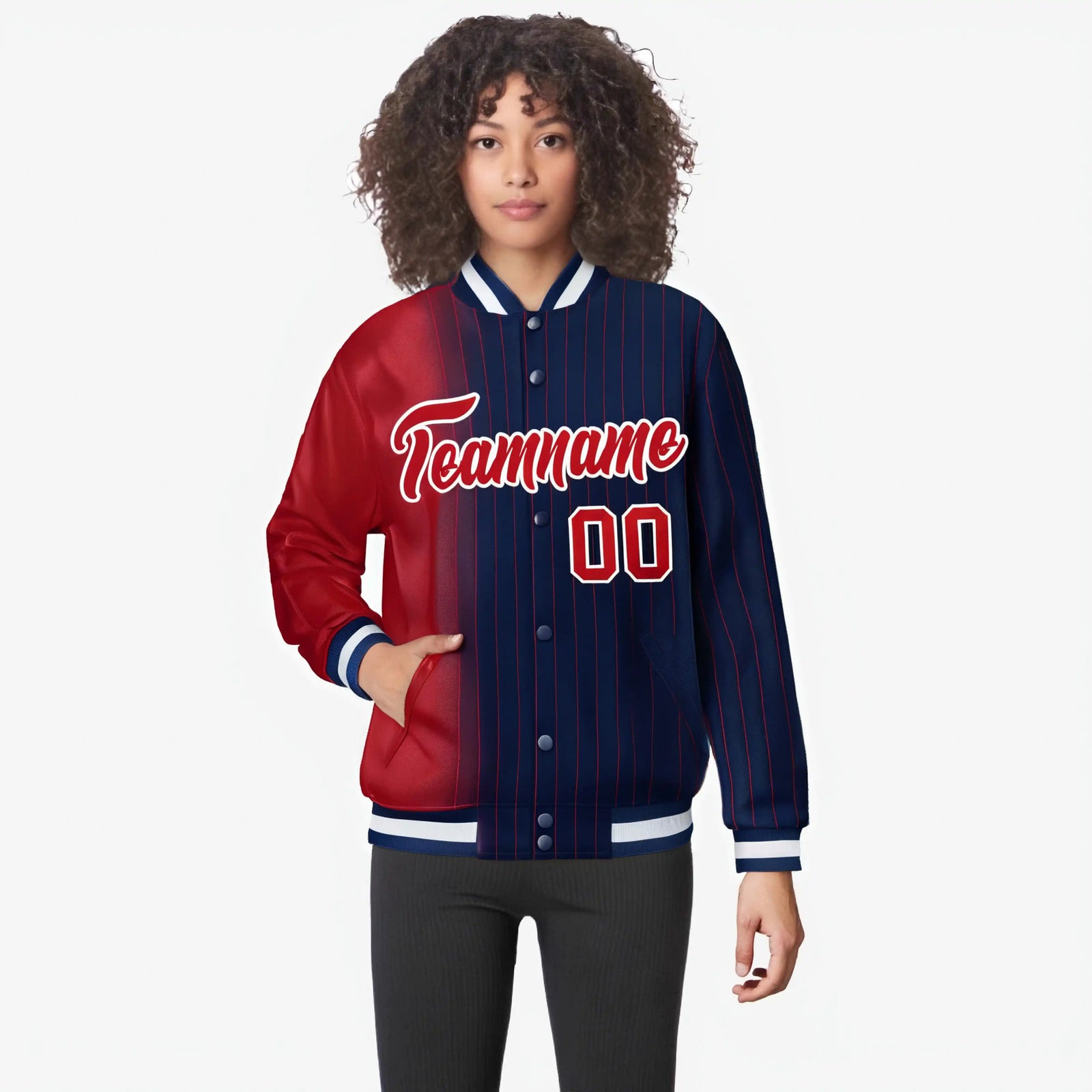 Custom Navy Red Pinstripe White-Red Gradient Fashion Varsity Full-Snap Jacket