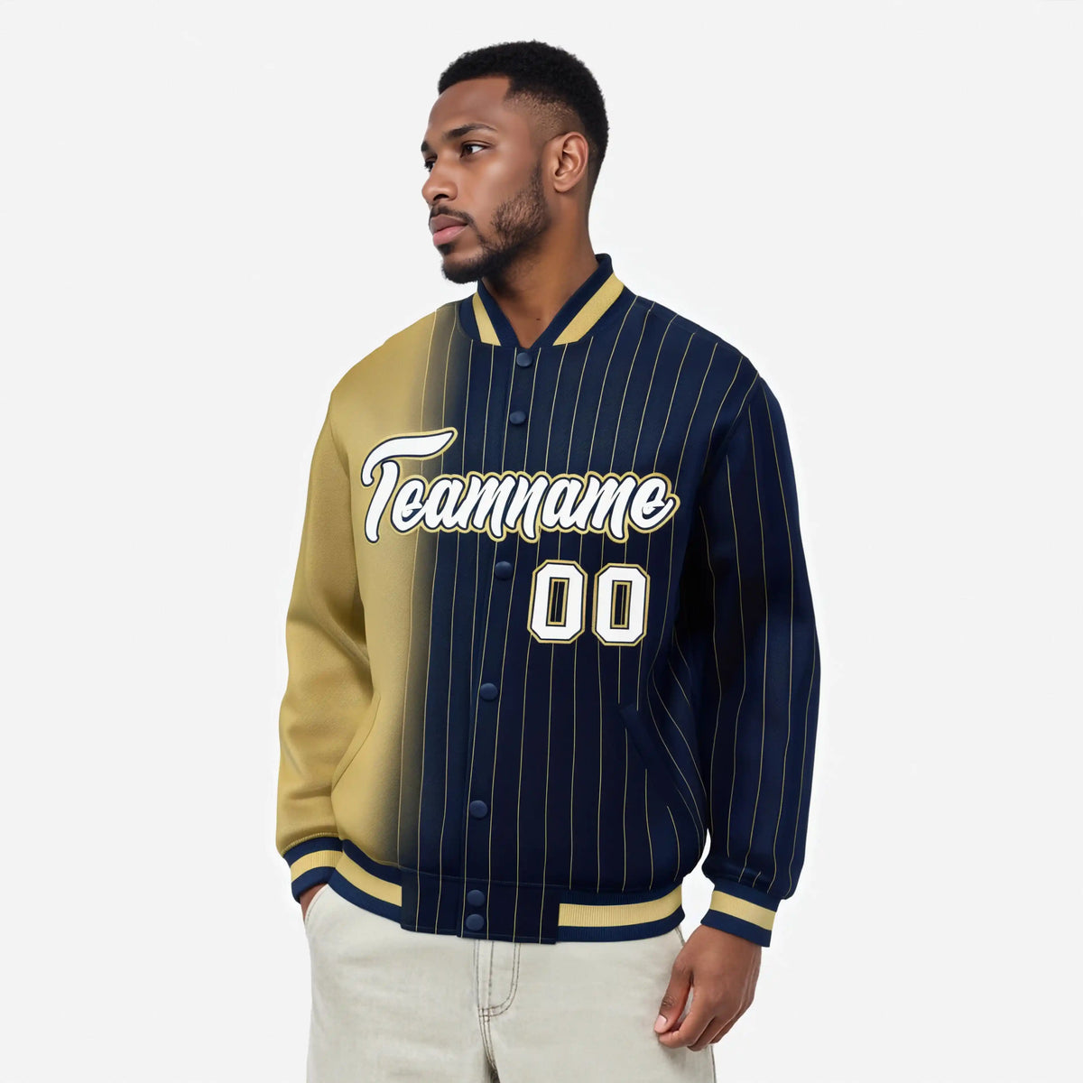 Custom Navy Khaki Pinstripe White-Khaki Gradient Fashion Varsity Full-Snap Jacket