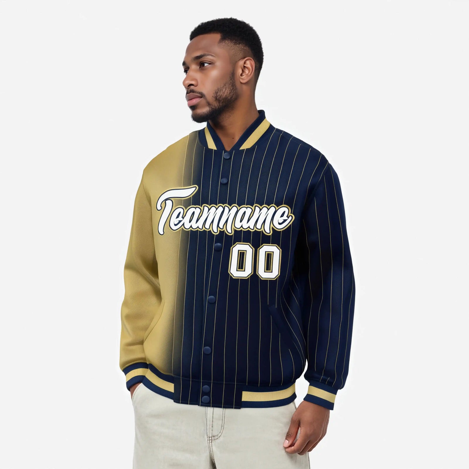 Custom Navy Khaki Pinstripe White-Khaki Gradient Fashion Varsity Full-Snap Jacket