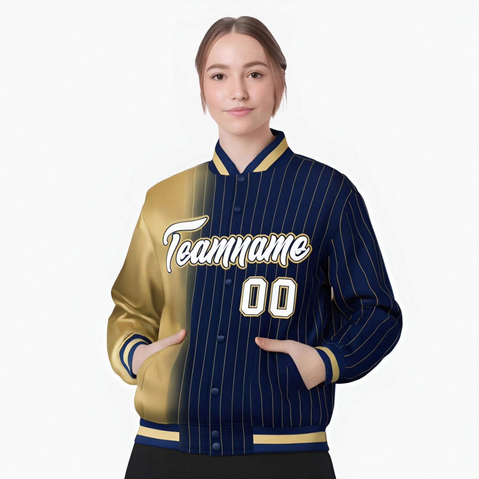 Custom Navy Khaki Pinstripe White-Khaki Gradient Fashion Varsity Full-Snap Jacket