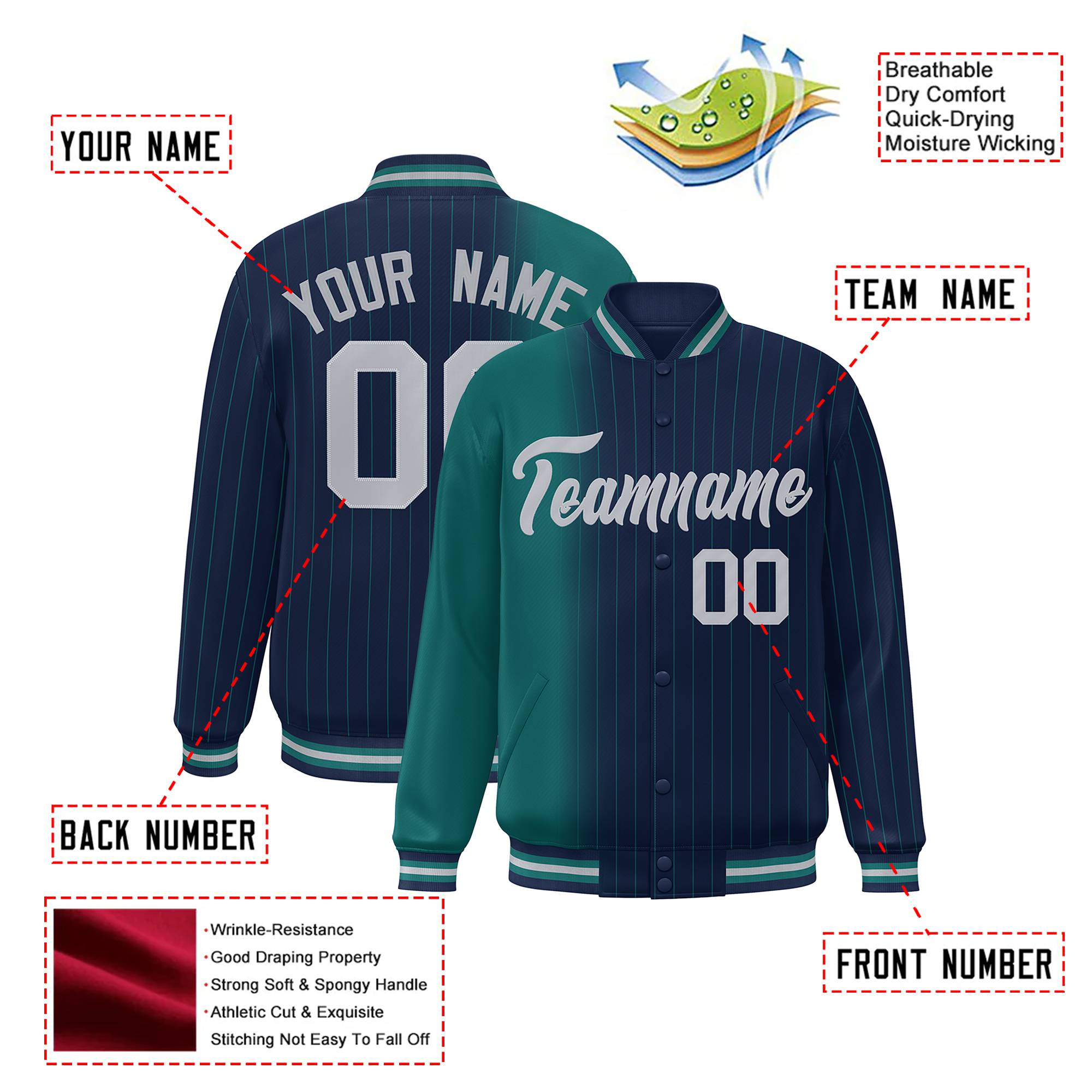 Custom Navy Aqua Pinstripe Gray-Aqua Gradient Fashion Varsity Full-Snap Jacket