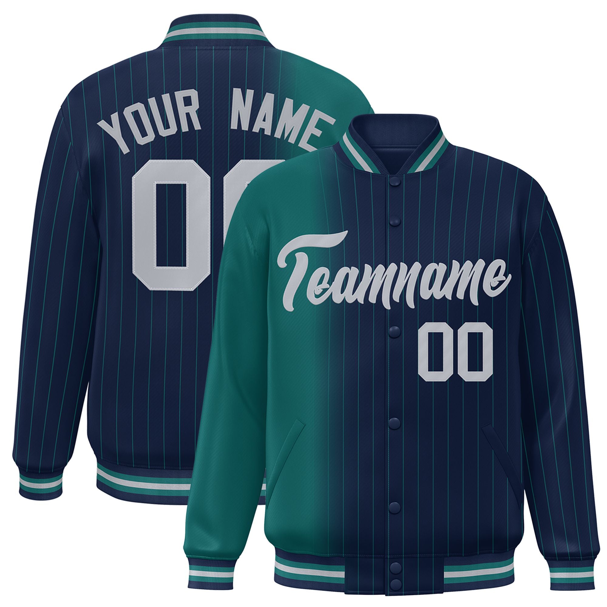 Custom Navy Aqua Pinstripe Gray-Aqua Gradient Fashion Varsity Full-Snap Jacket