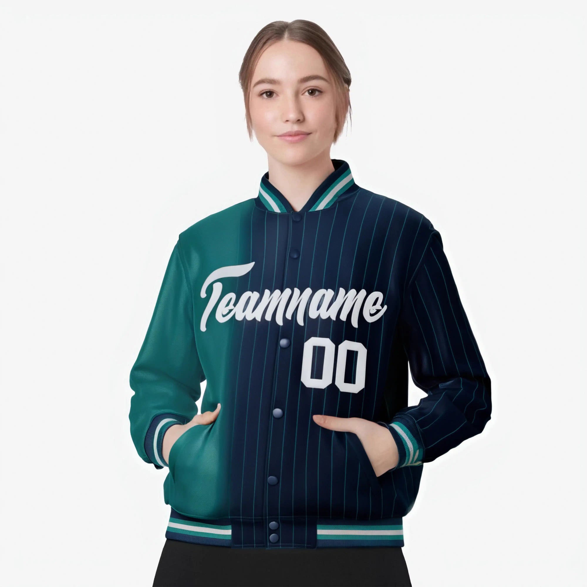 Custom Navy Aqua Pinstripe Gray-Aqua Gradient Fashion Varsity Full-Snap Jacket