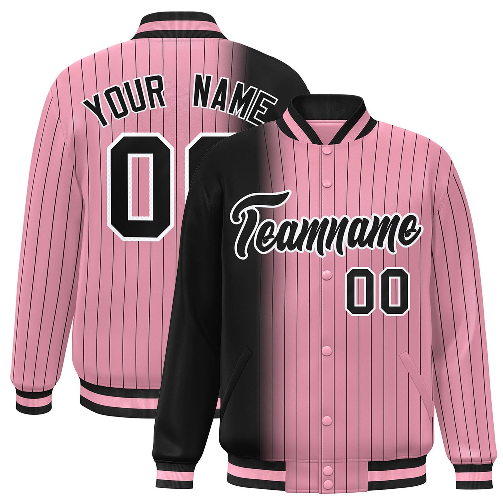 Custom Light Pink Black Pinstripe White-Black Gradient Fashion Varsity Full-Snap Jacket