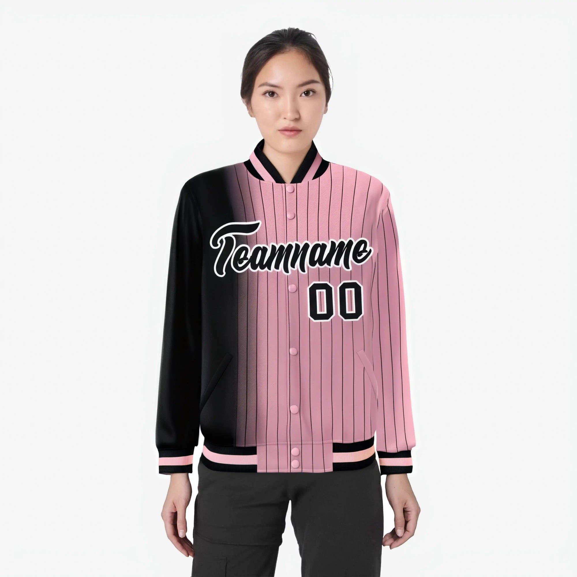 Custom Light Pink Black Pinstripe White-Black Gradient Fashion Varsity Full-Snap Jacket