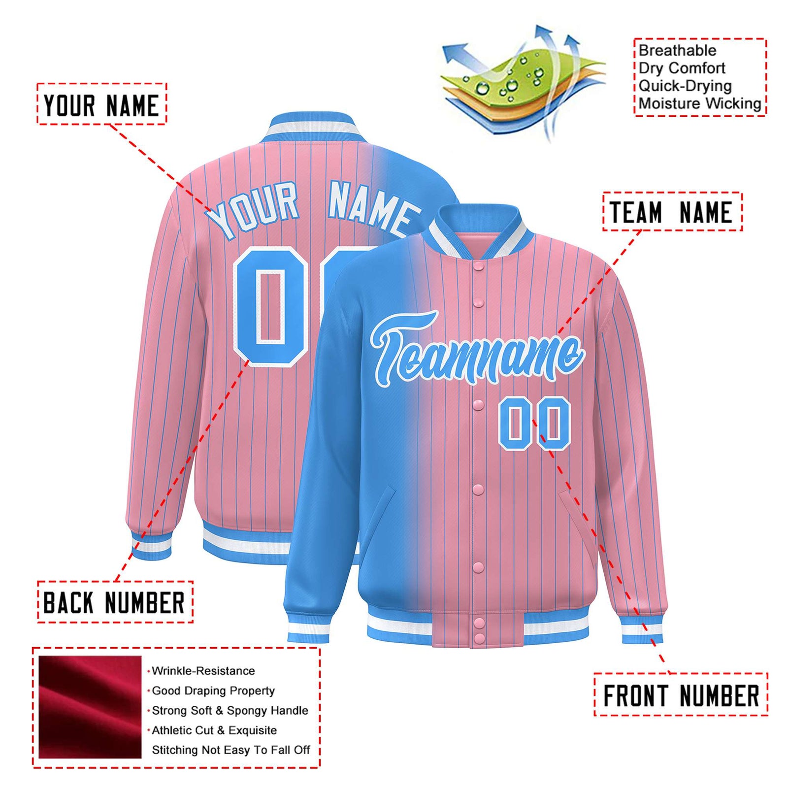 Custom Light Pink Powder-Blue Pinstripe White-Powder Blue Gradient Fashion Varsity Full-Snap Jacket