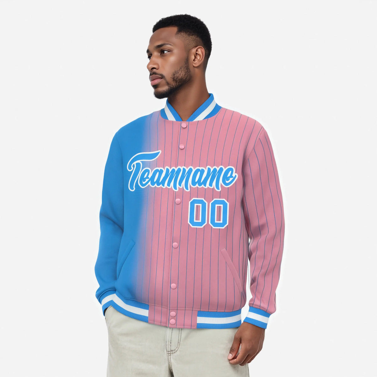 Custom Light Pink Powder-Blue Pinstripe White-Powder Blue Gradient Fashion Varsity Full-Snap Jacket
