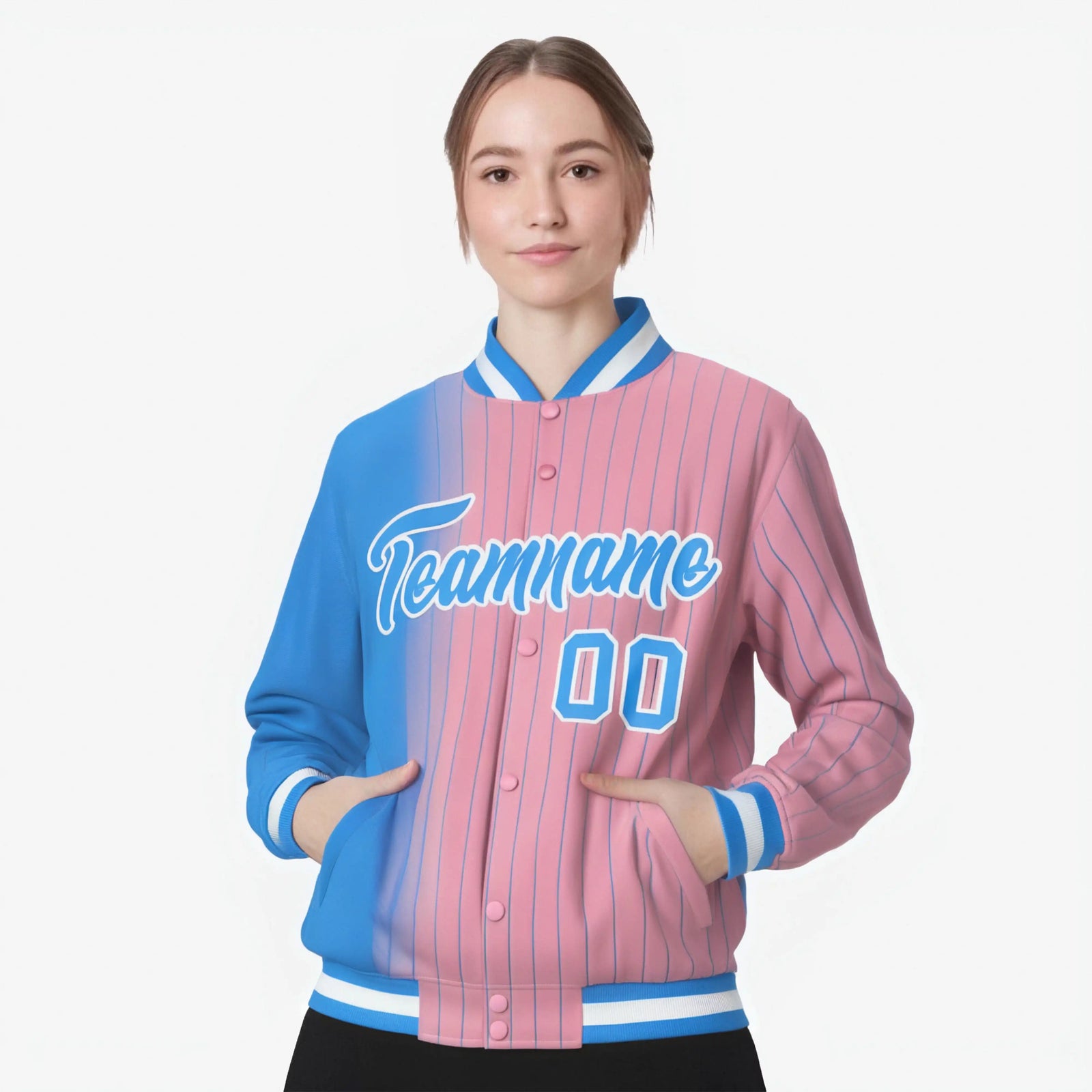 Custom Light Pink Powder-Blue Pinstripe White-Powder Blue Gradient Fashion Varsity Full-Snap Jacket