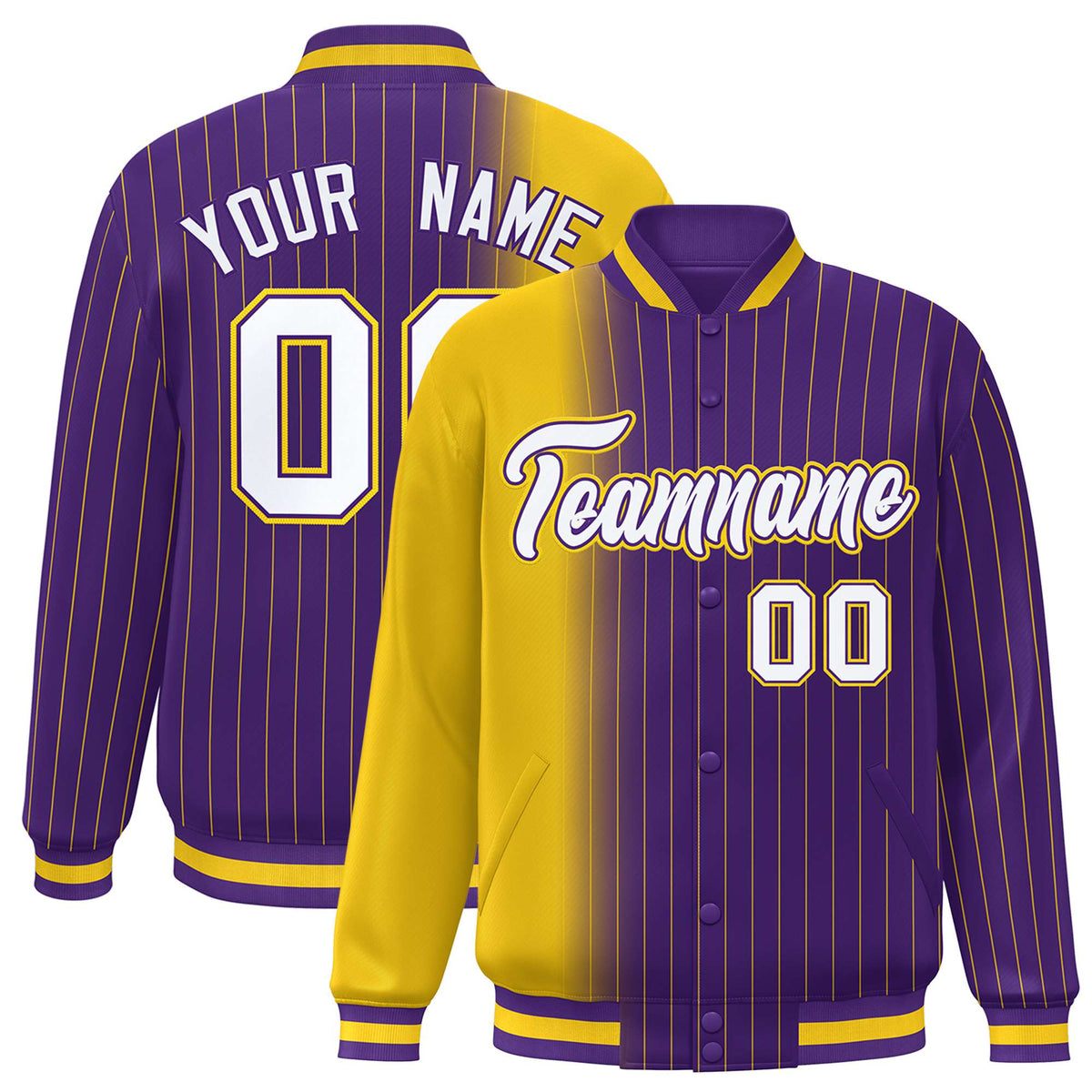Custom Purple Gold Pinstripe White-Gold Gradient Fashion Varsity Full-Snap Jacket