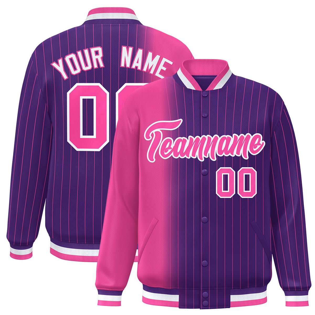 Custom Purple Pink Pinstripe White-Pink Gradient Fashion Varsity Full-Snap Jacket