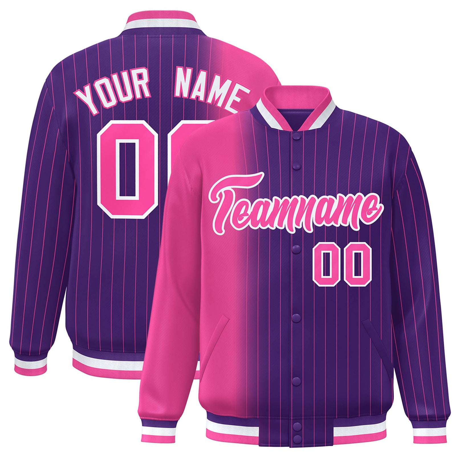 Custom Purple Pink Pinstripe White-Pink Gradient Fashion Varsity Full-Snap Jacket