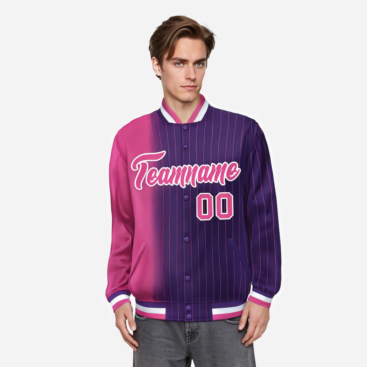 Custom Purple Pink Pinstripe White-Pink Gradient Fashion Varsity Full-Snap Jacket