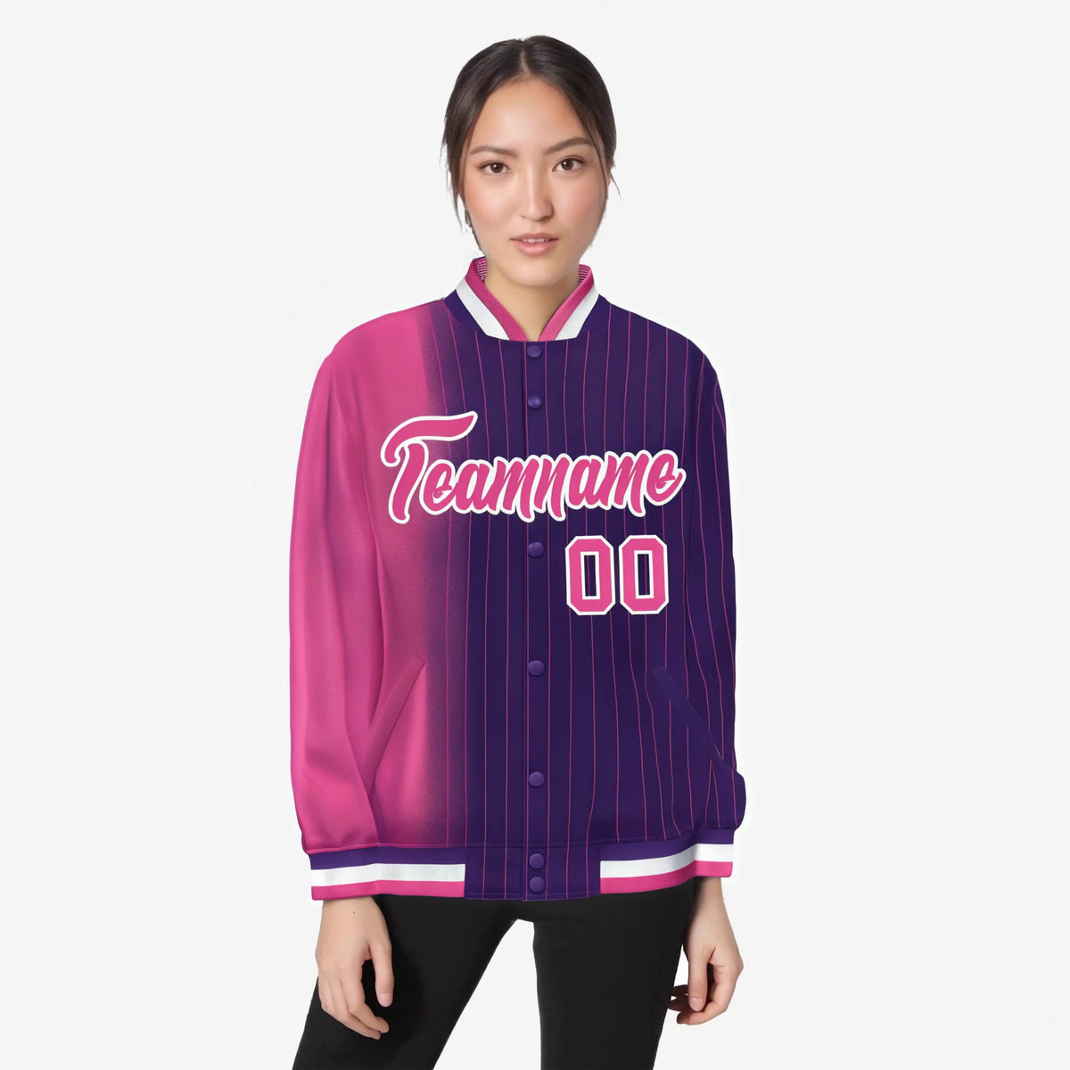 Custom Purple Pink Pinstripe White-Pink Gradient Fashion Varsity Full-Snap Jacket