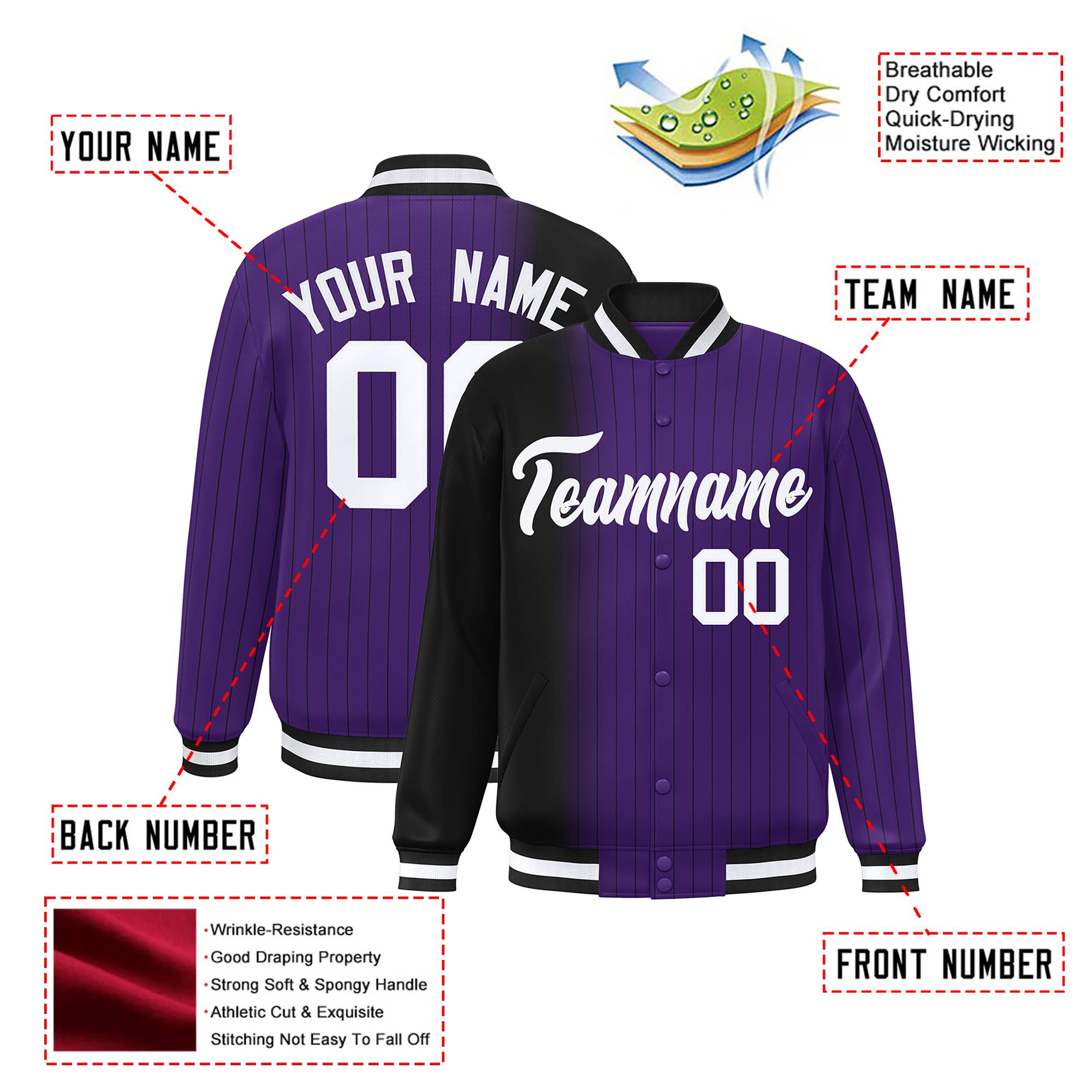 Custom Purple Black Pinstripe White-Black Gradient Fashion Varsity Full-Snap Jacket