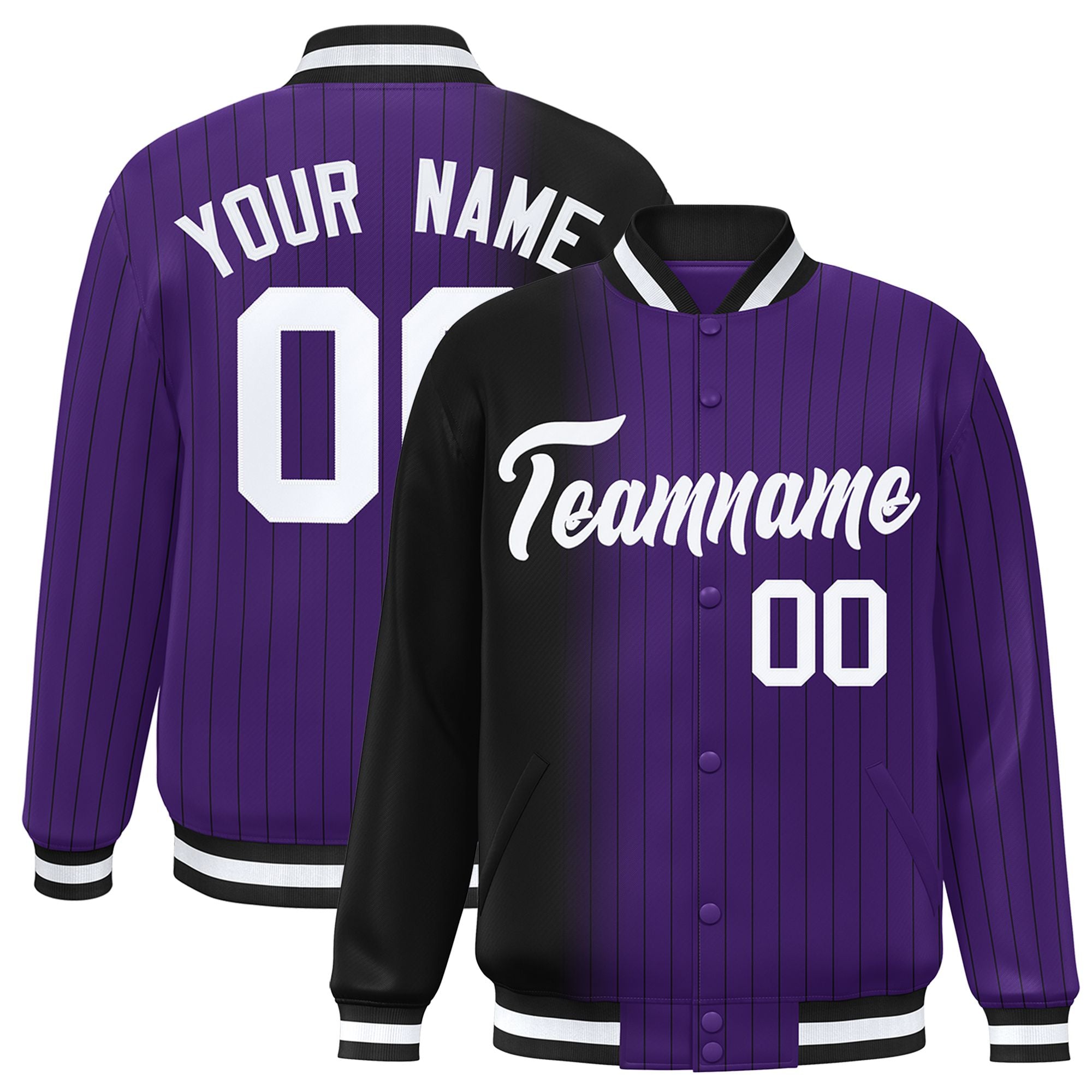 Custom Purple Black Pinstripe White-Black Gradient Fashion Varsity Full-Snap Jacket