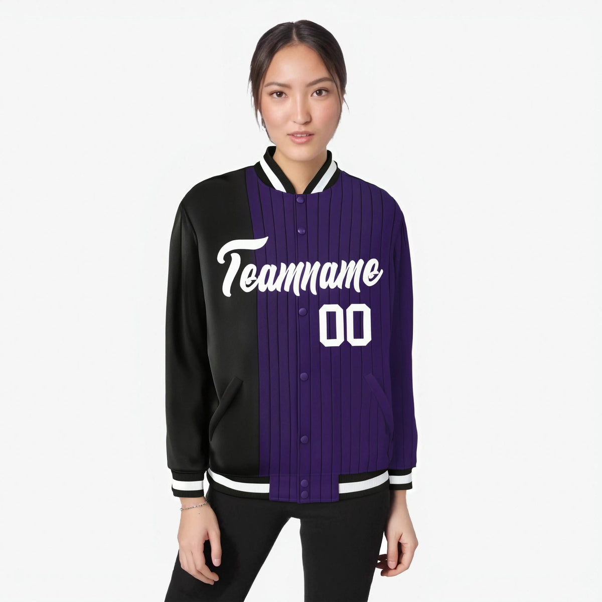 Custom Purple Black Pinstripe White-Black Gradient Fashion Varsity Full-Snap Jacket