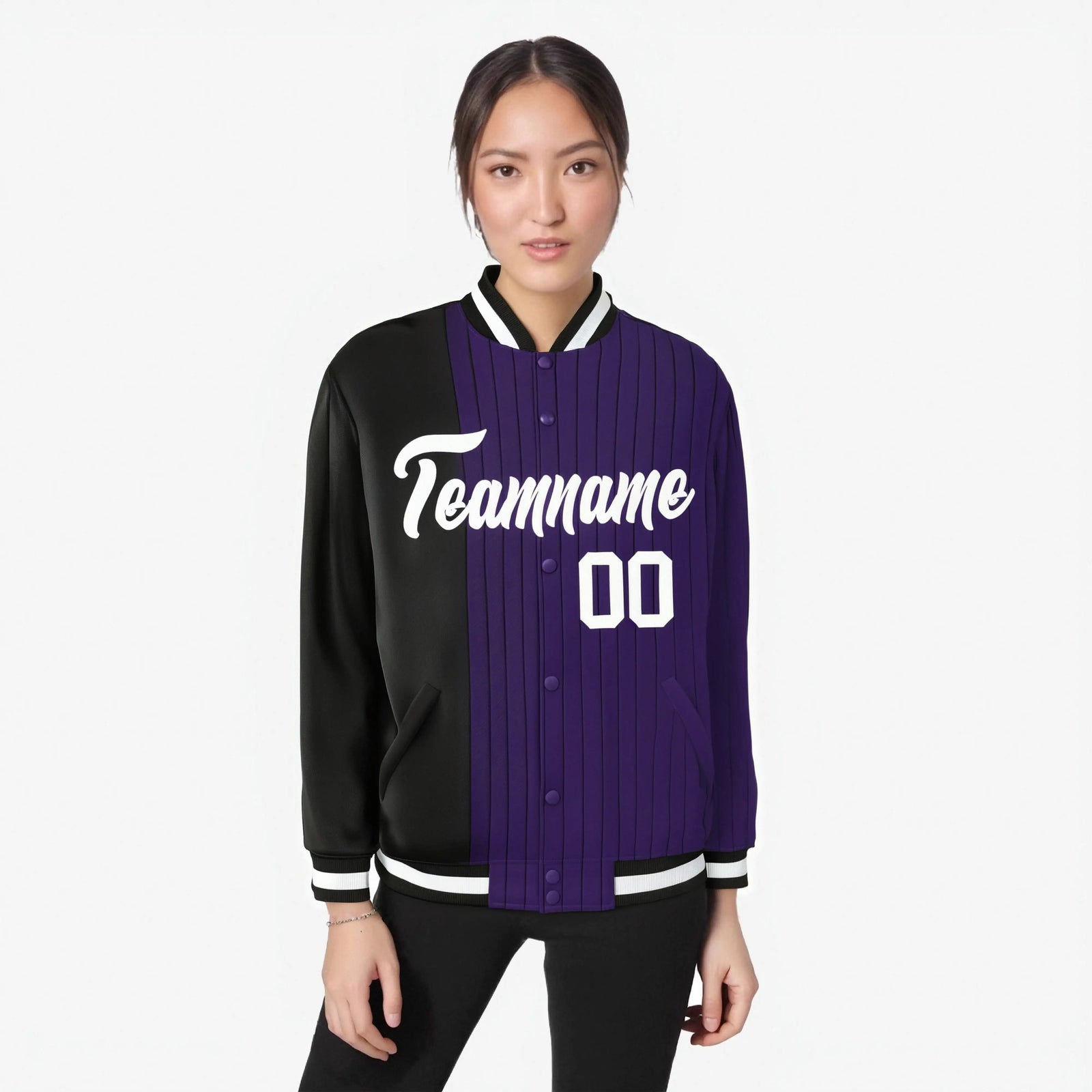 Custom Purple Black Pinstripe White-Black Gradient Fashion Varsity Full-Snap Jacket
