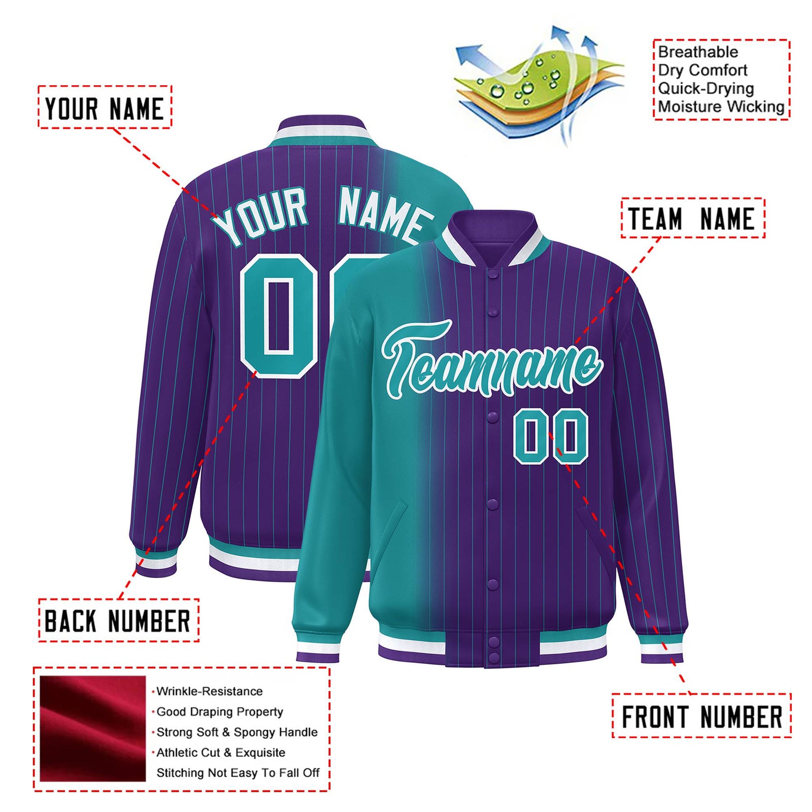 Custom Purple Aqua Pinstripe White-Aqua Gradient Fashion Varsity Full-Snap Jacket