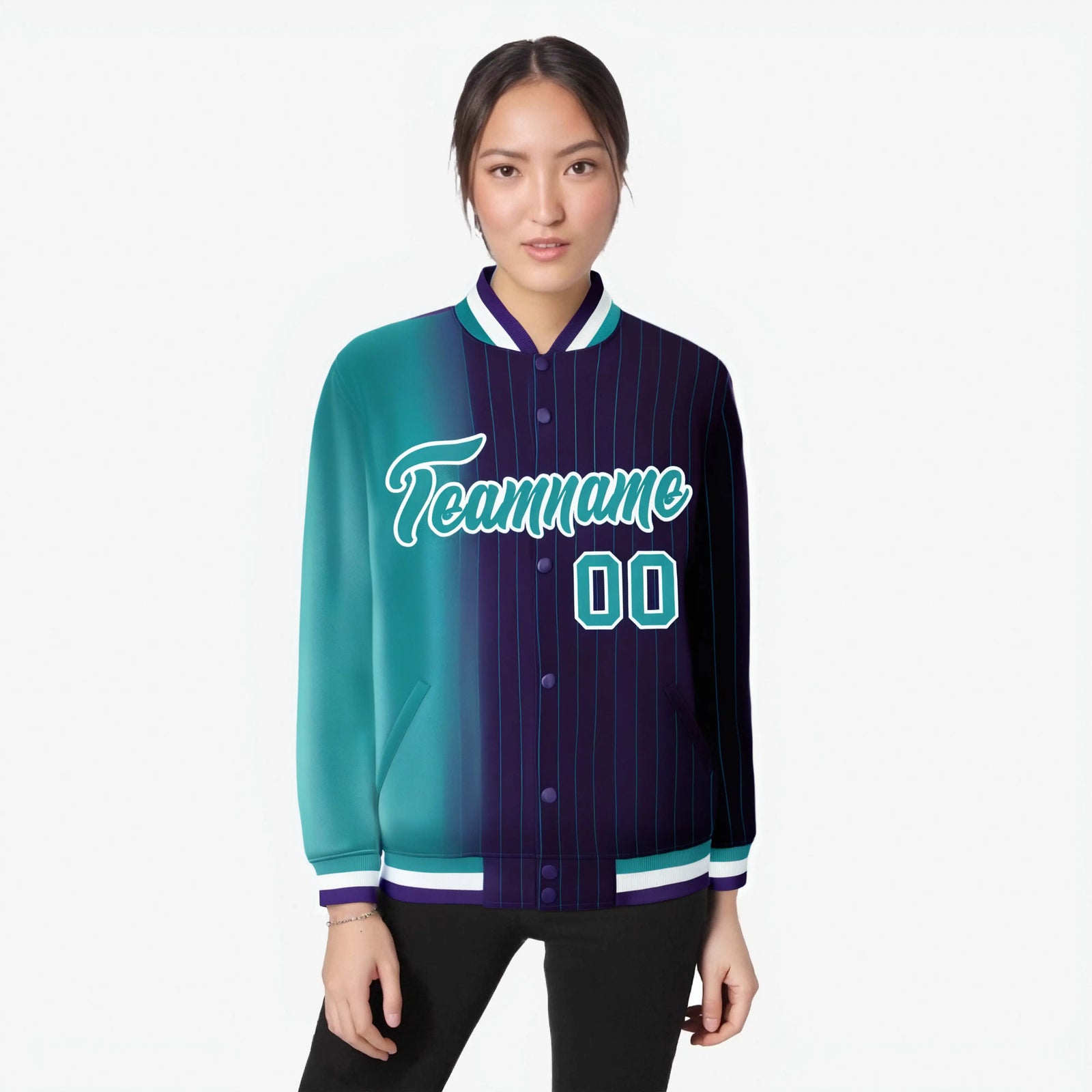 Custom Purple Aqua Pinstripe White-Aqua Gradient Fashion Varsity Full-Snap Jacket