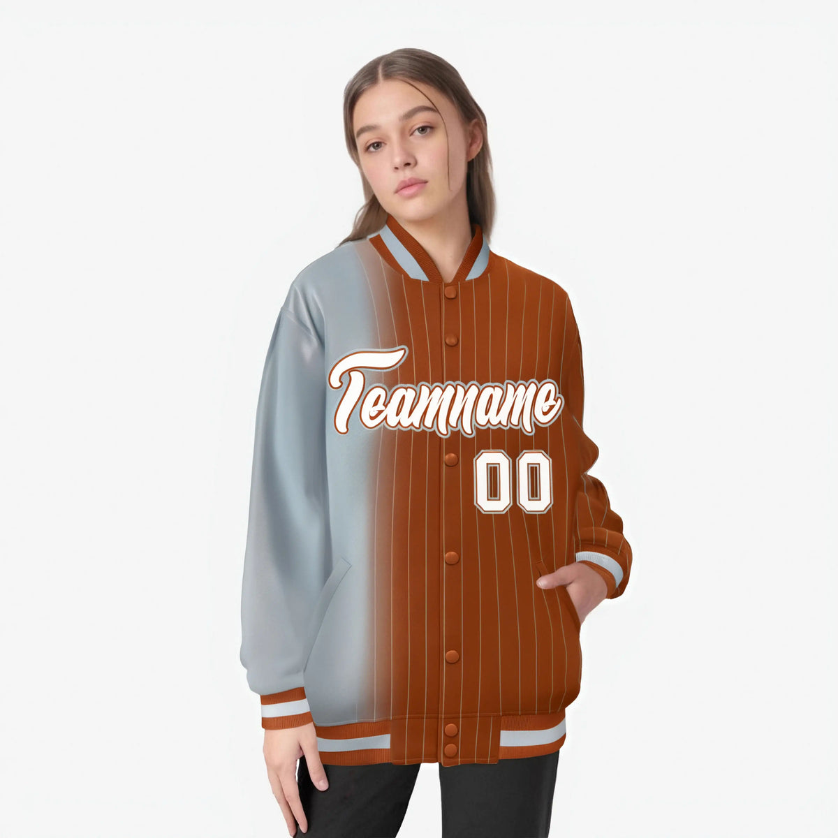 Custom Gray Orange Pinstripe White-Gray Gradient Fashion Varsity Full-Snap Jacket