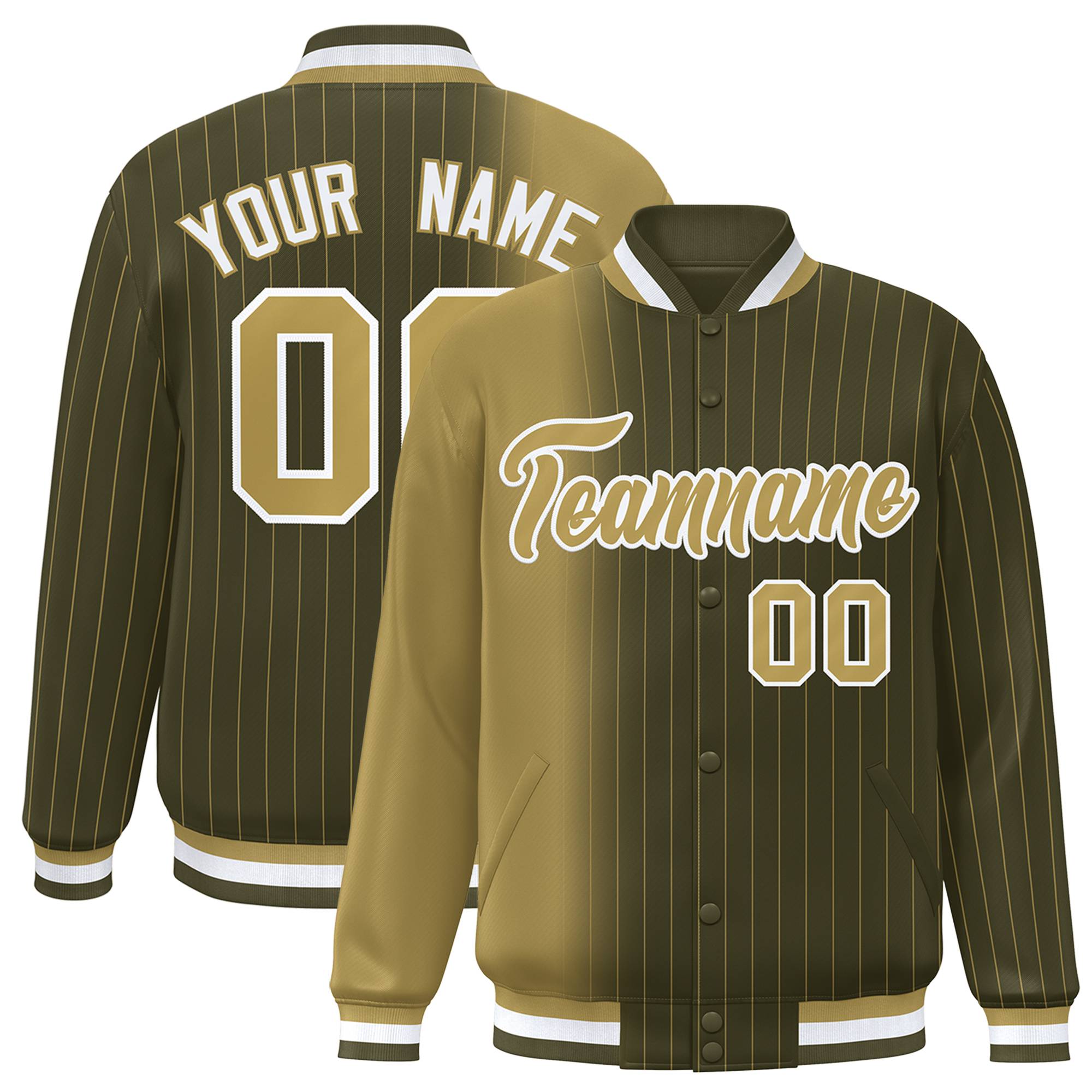 Custom Olive Old Gold Pinstripe White-Old Gold Gradient Fashion Varsity Full-Snap Jacket