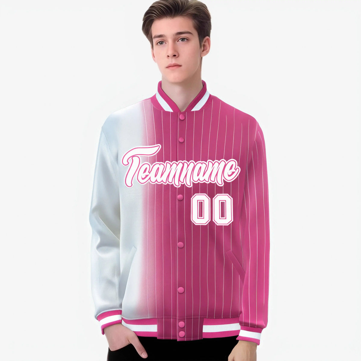 Custom Pink White Pinstripe Pink-White Gradient Fashion Varsity Full-Snap Jacket