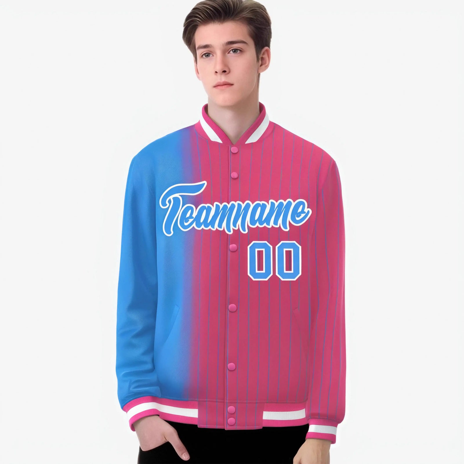 Custom Pink Powder Blue Pinstripe White-Powder Blue Gradient Fashion Varsity Full-Snap Jacket