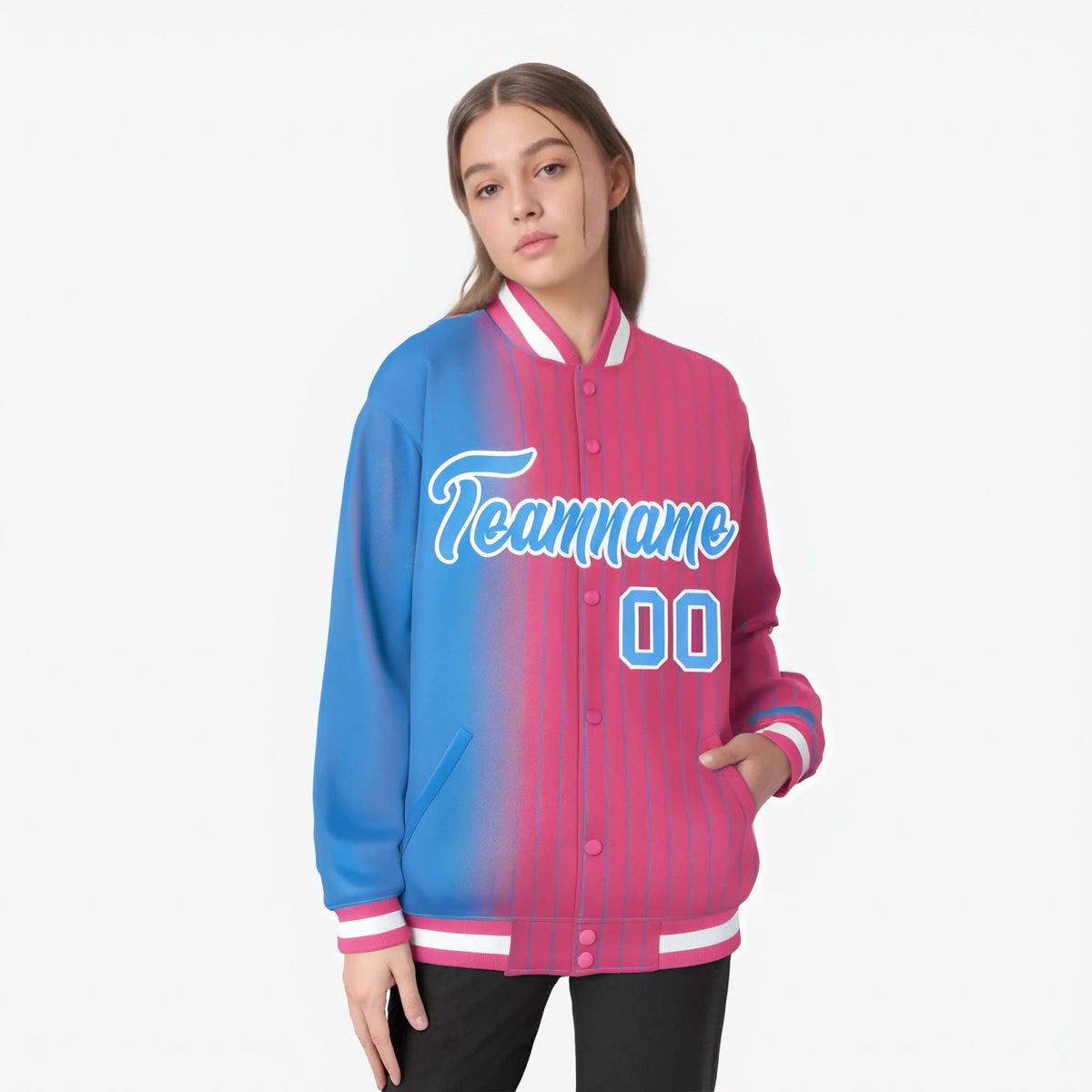 Custom Pink Powder Blue Pinstripe White-Powder Blue Gradient Fashion Varsity Full-Snap Jacket