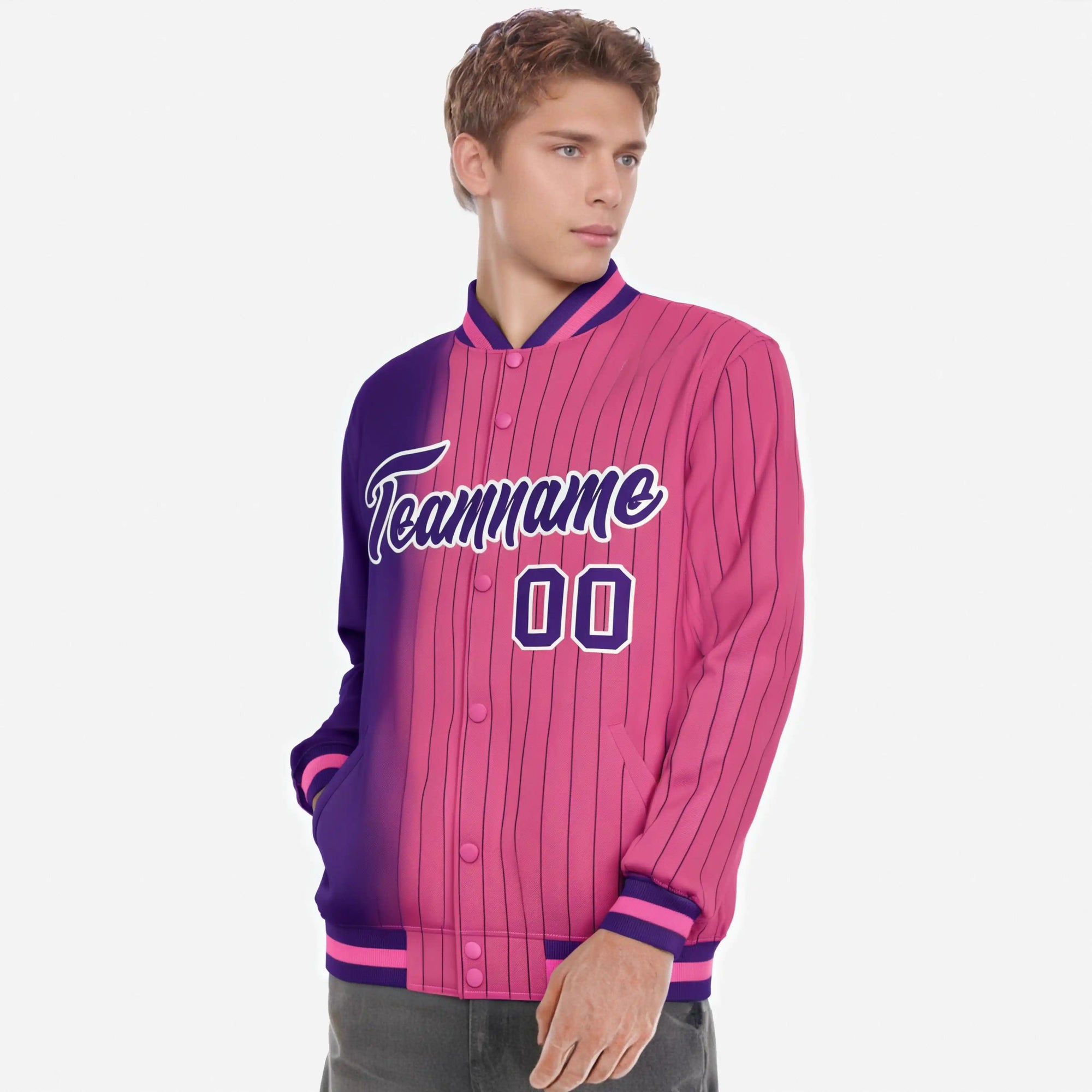 Custom Pink Purple Pinstripe White-Purple Gradient Fashion Varsity Full-Snap Jacket