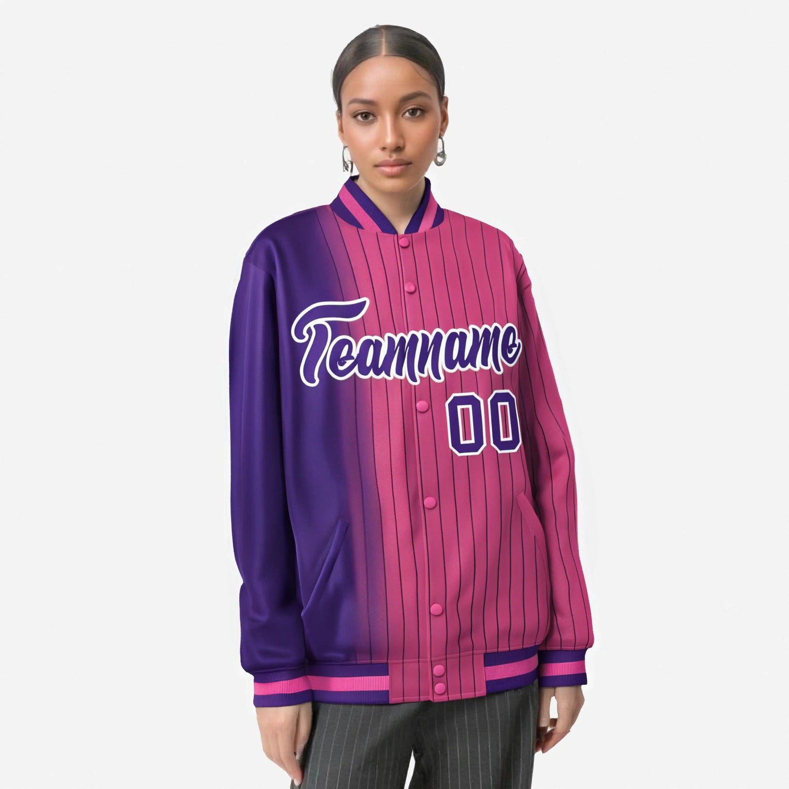 Custom Pink Purple Pinstripe White-Purple Gradient Fashion Varsity Full-Snap Jacket