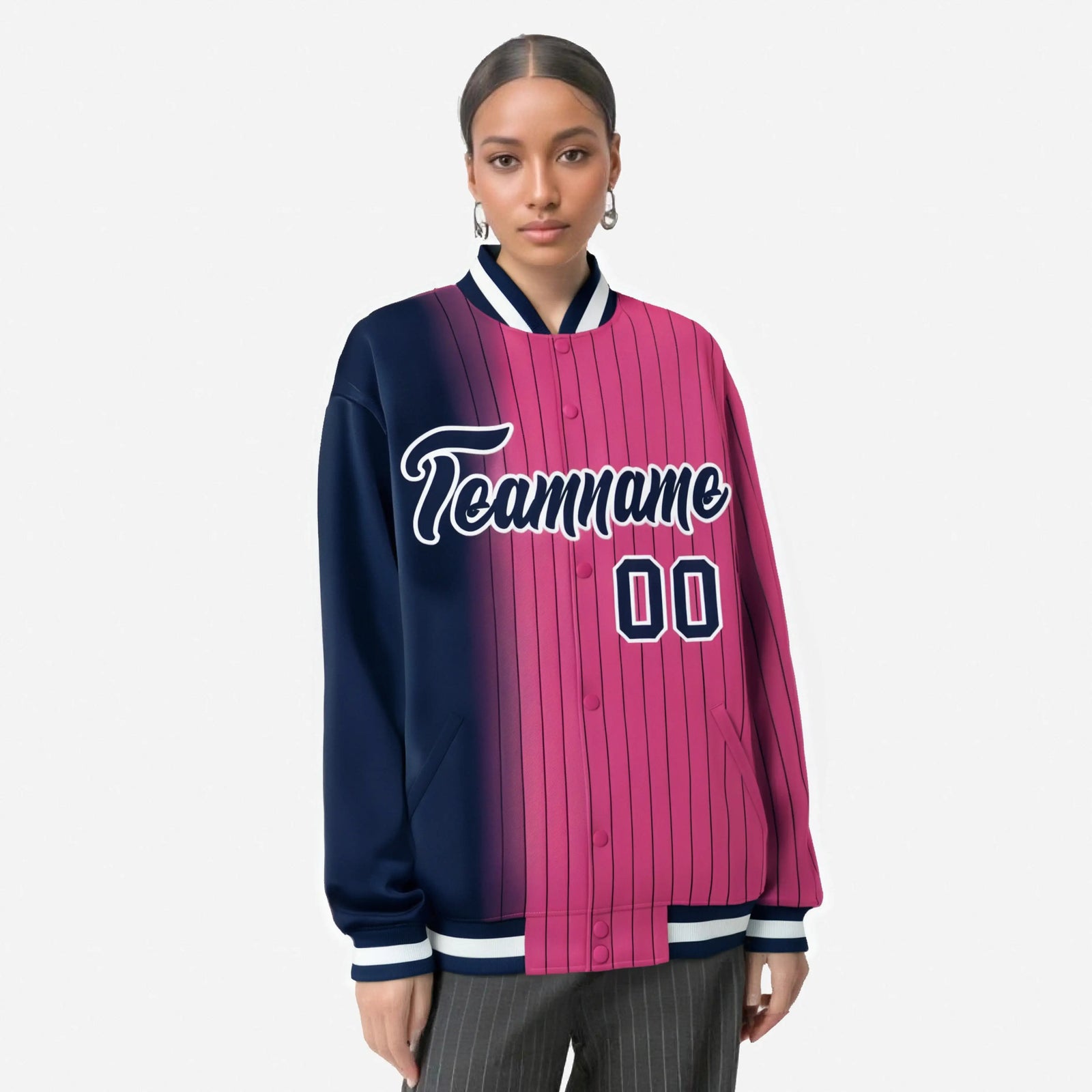 Custom Pink Navy Pinstripe White-Navy Gradient Fashion Varsity Full-Snap Jacket