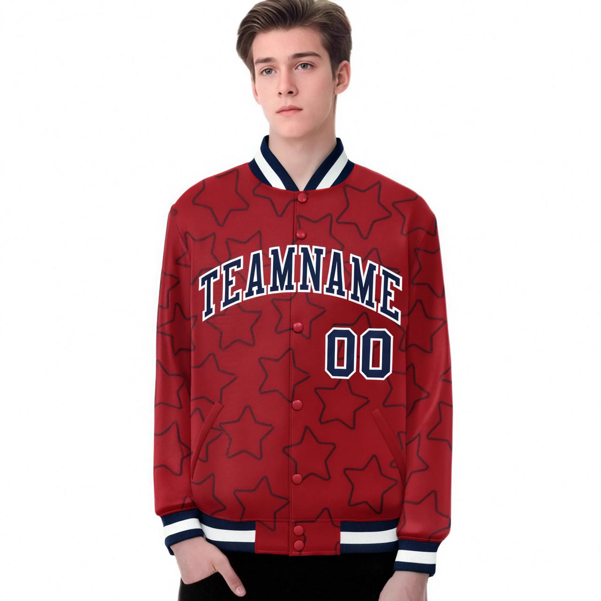 Custom Red Navy Varsity Full-Snap Star Pattern Letterman Baseball Jacket
