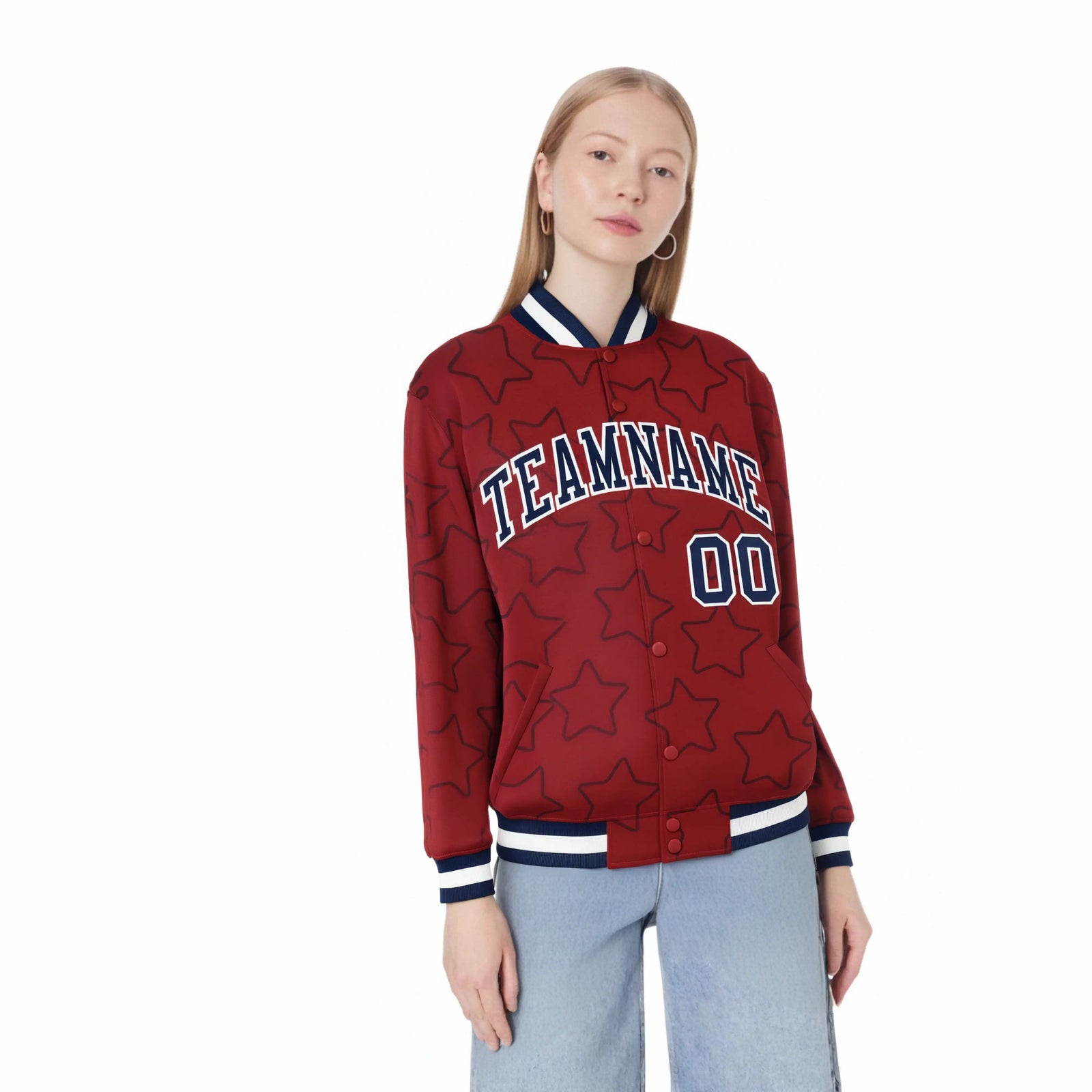 Custom Red Navy Varsity Full-Snap Star Pattern Letterman Baseball Jacket