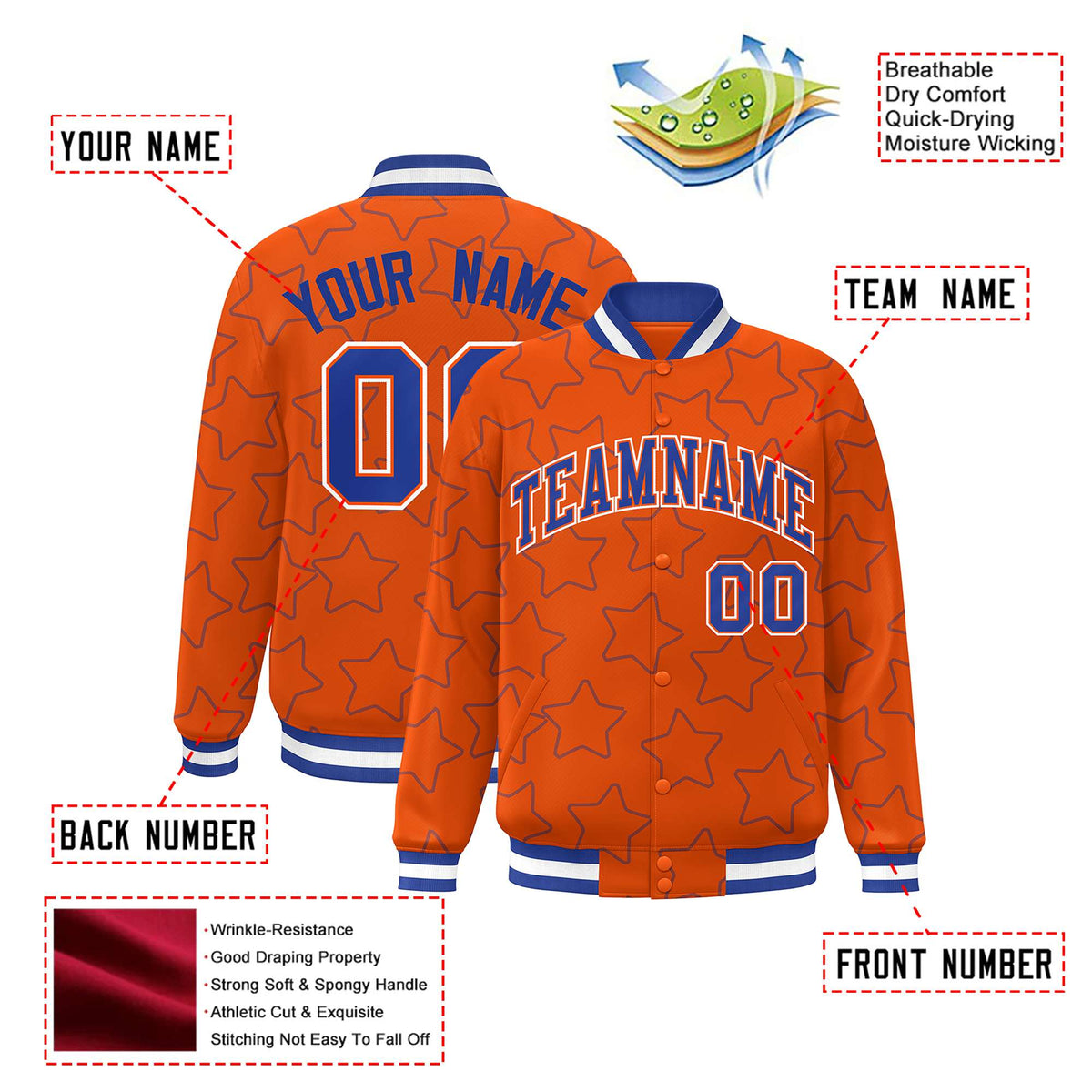 Custom Orange-Royal Blue Varsity Full-Snap Star Pattern Letterman Baseball Jacket