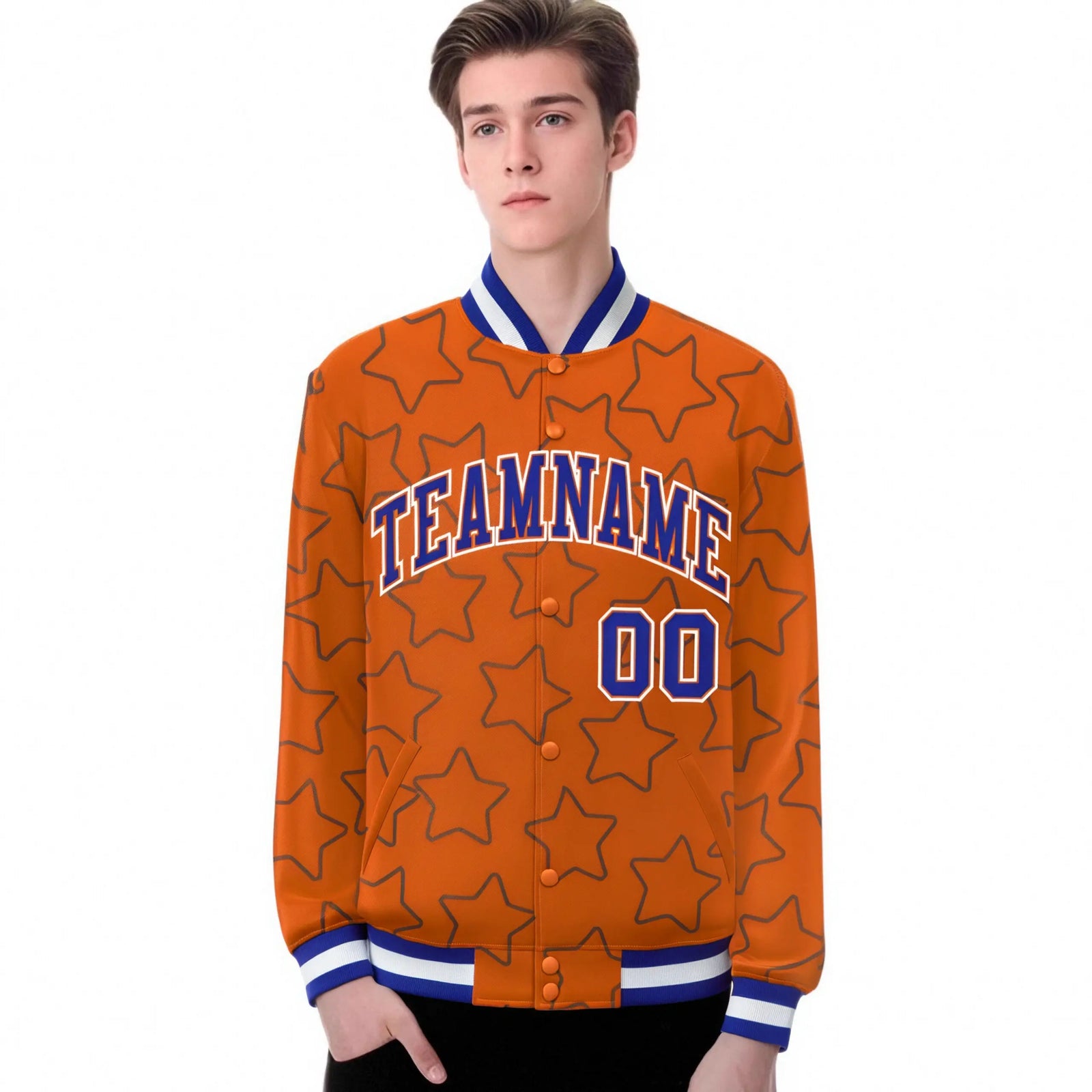 Custom Orange-Royal Blue Varsity Full-Snap Star Pattern Letterman Baseball Jacket