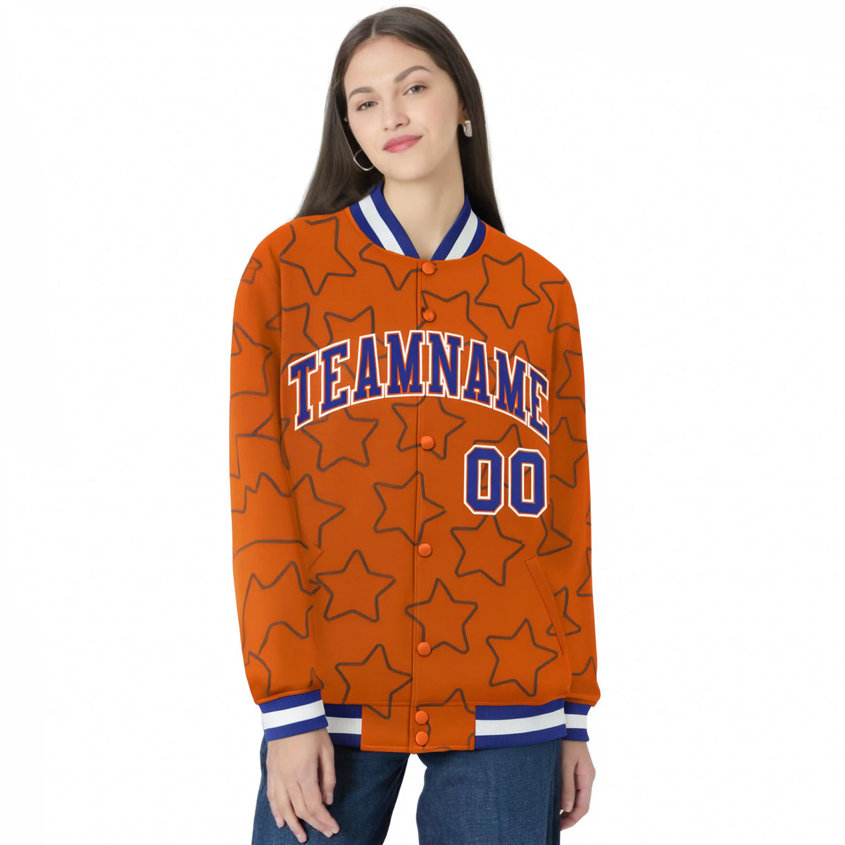 Custom Orange-Royal Blue Varsity Full-Snap Star Pattern Letterman Baseball Jacket