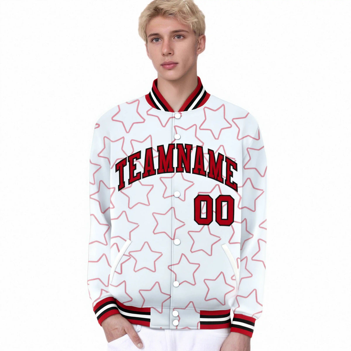 Custom White Red Varsity Full-Snap Star Pattern Letterman Baseball Jacket