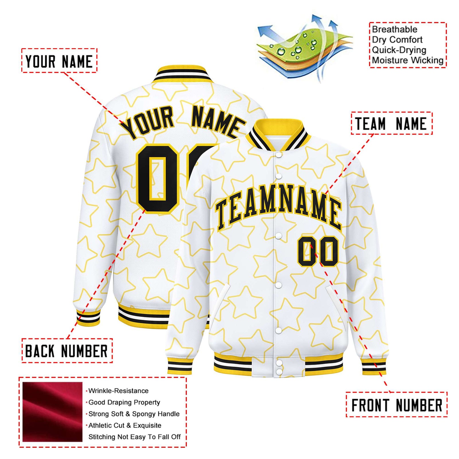 Custom White Black Varsity Full-Snap Star Pattern Letterman Baseball Jacket