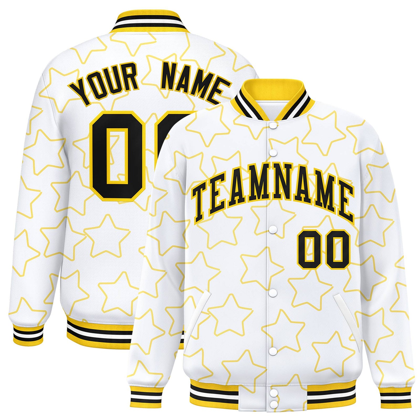 Custom White Black Varsity Full-Snap Star Pattern Letterman Baseball Jacket