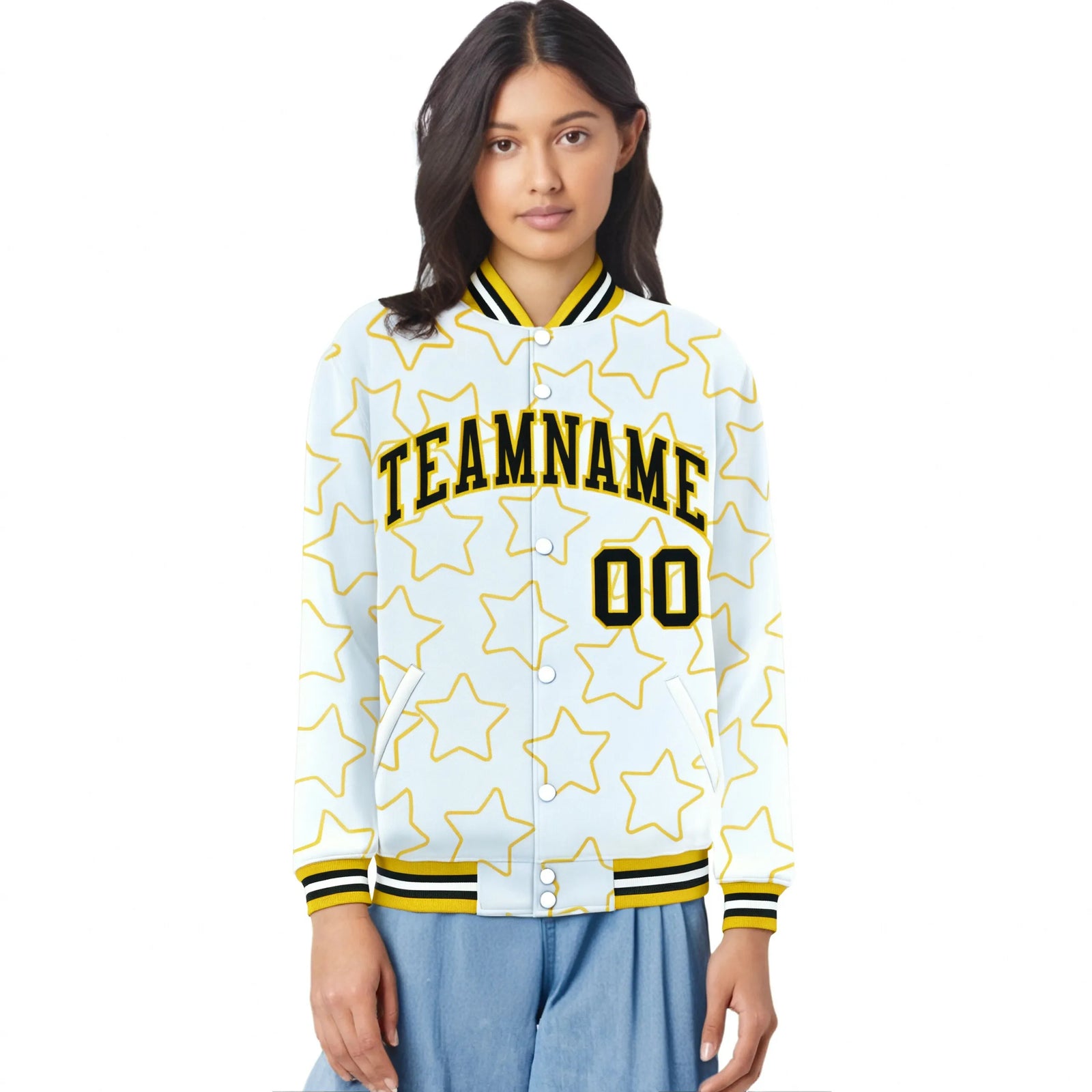 Custom White Black Varsity Full-Snap Star Pattern Letterman Baseball Jacket