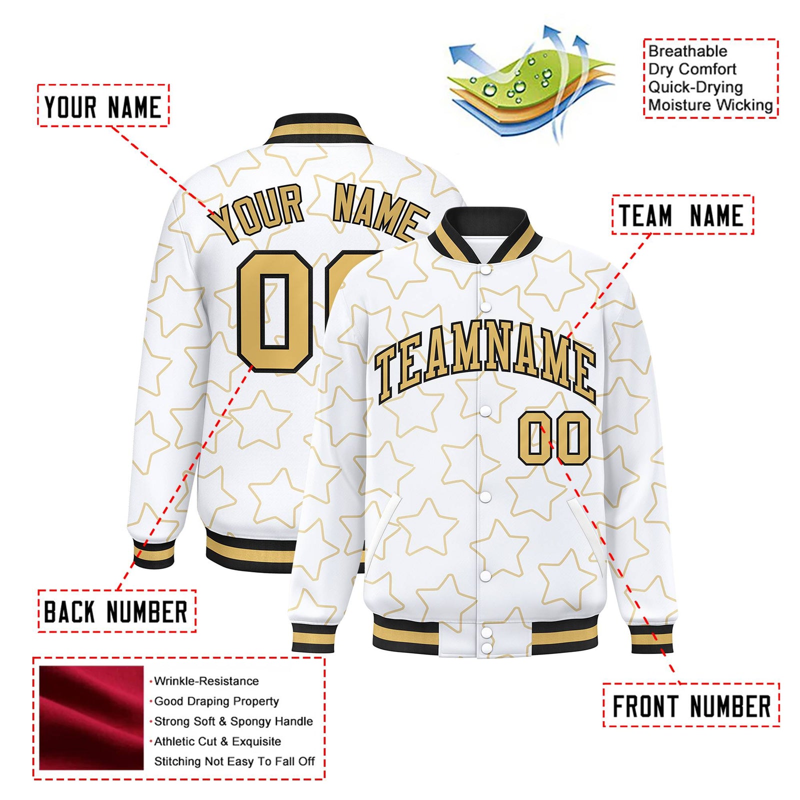 Custom White-Old Gold Varsity Full-Snap Star Pattern Letterman Baseball Jacket