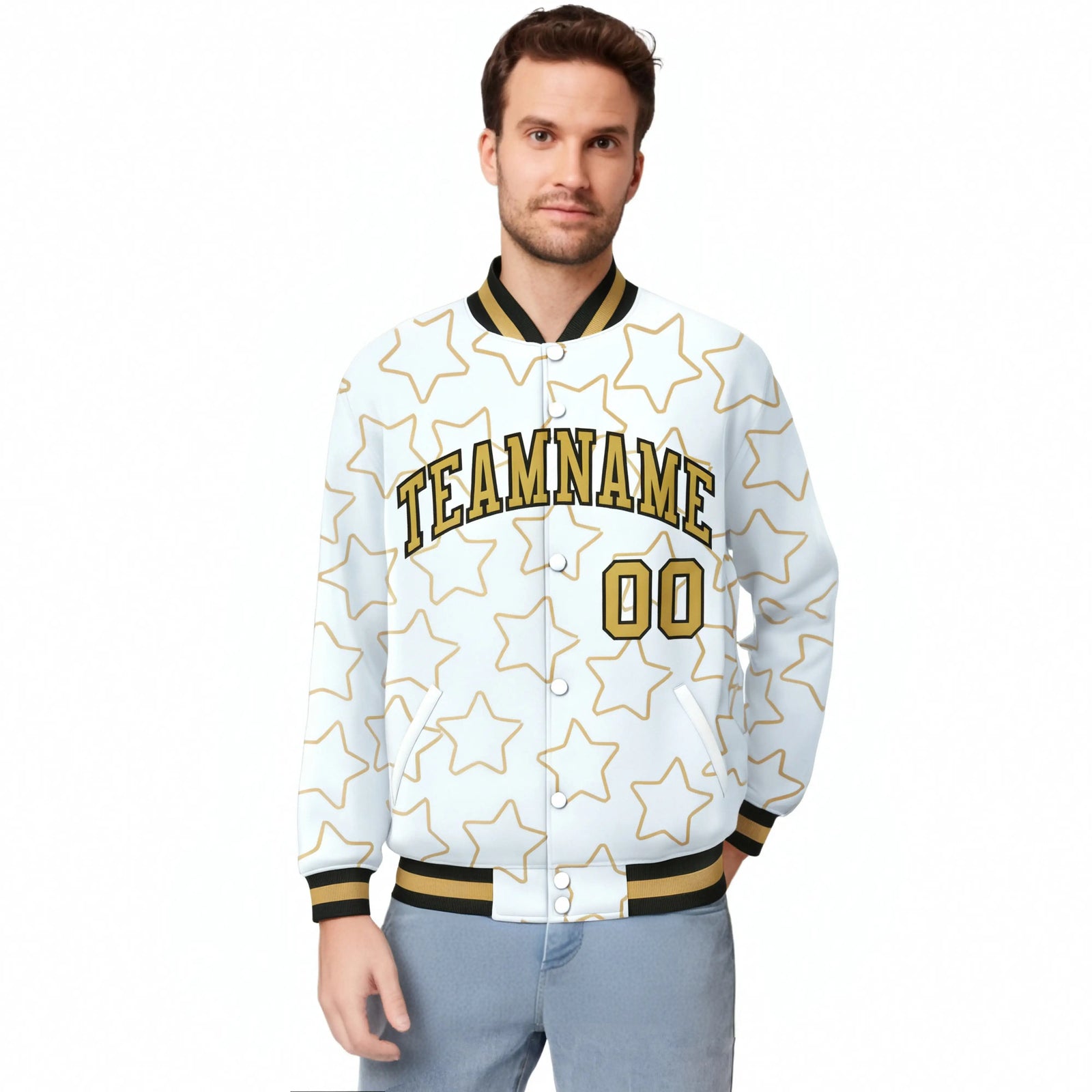 Custom White-Old Gold Varsity Full-Snap Star Pattern Letterman Baseball Jacket