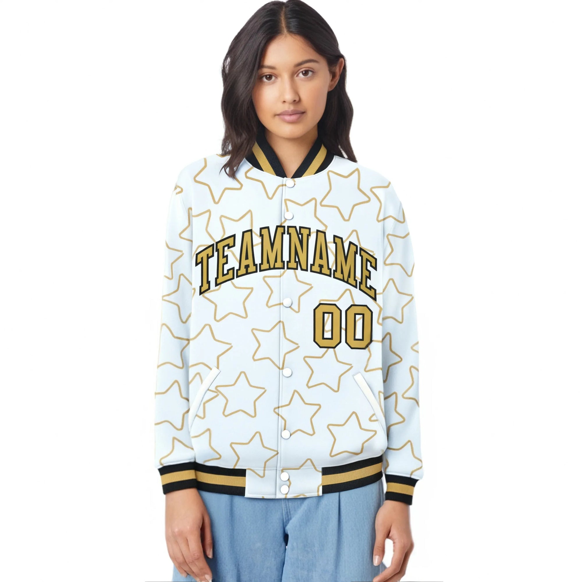 Custom White-Old Gold Varsity Full-Snap Star Pattern Letterman Baseball Jacket