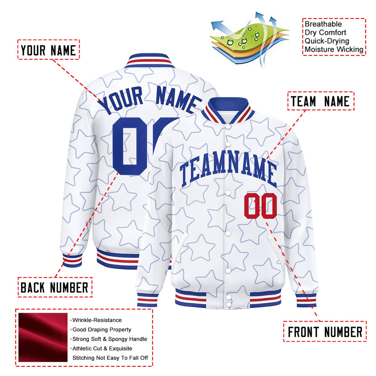 Custom White Royal Blue-Red Varsity Full-Snap Star Pattern Letterman Baseball Jacket