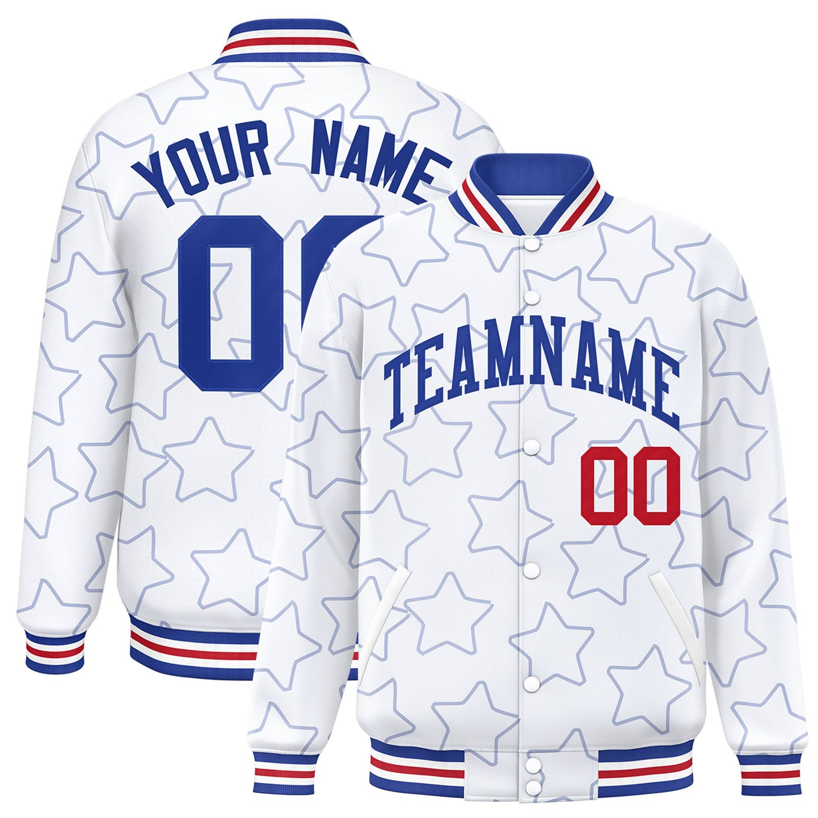Custom White Royal Blue-Red Varsity Full-Snap Star Pattern Letterman Baseball Jacket