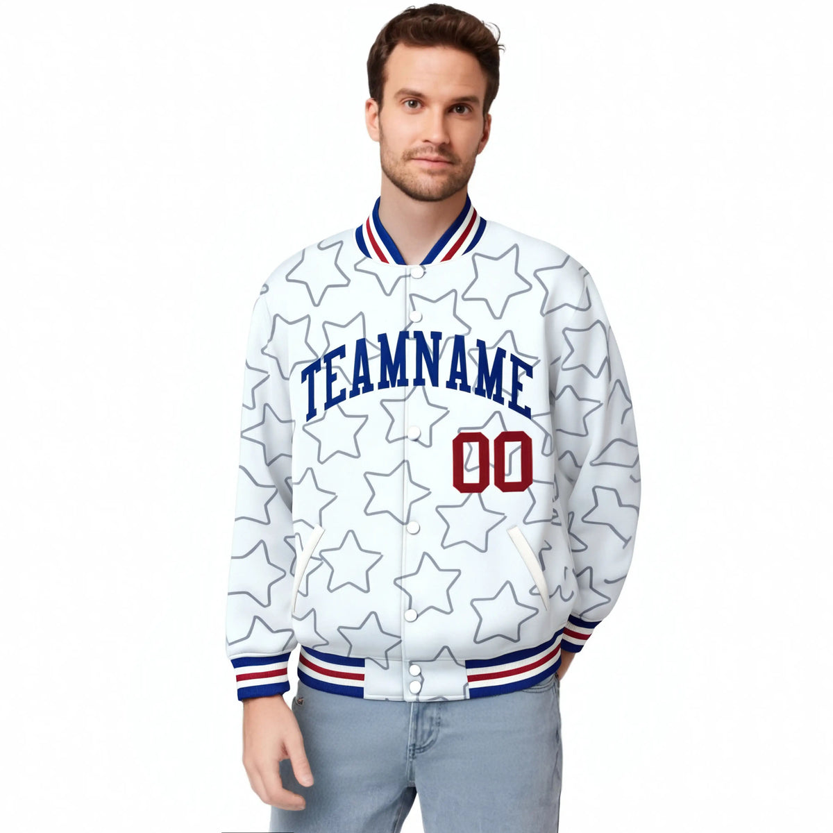Custom White Royal Blue-Red Varsity Full-Snap Star Pattern Letterman Baseball Jacket