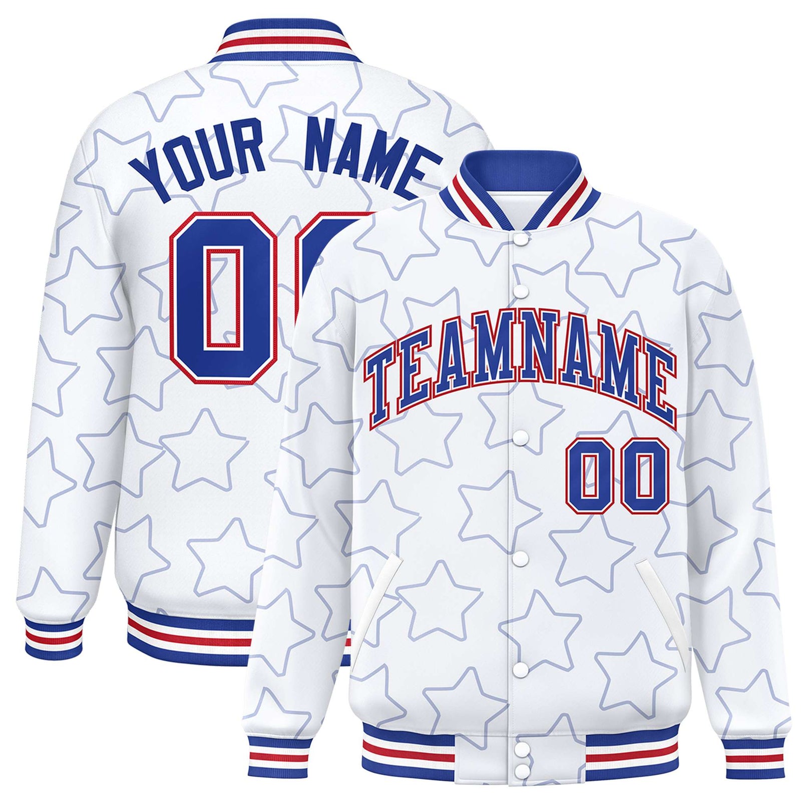 Custom White Royal Blue-Royal Blue Varsity Full-Snap Star Pattern Letterman Baseball Jacket