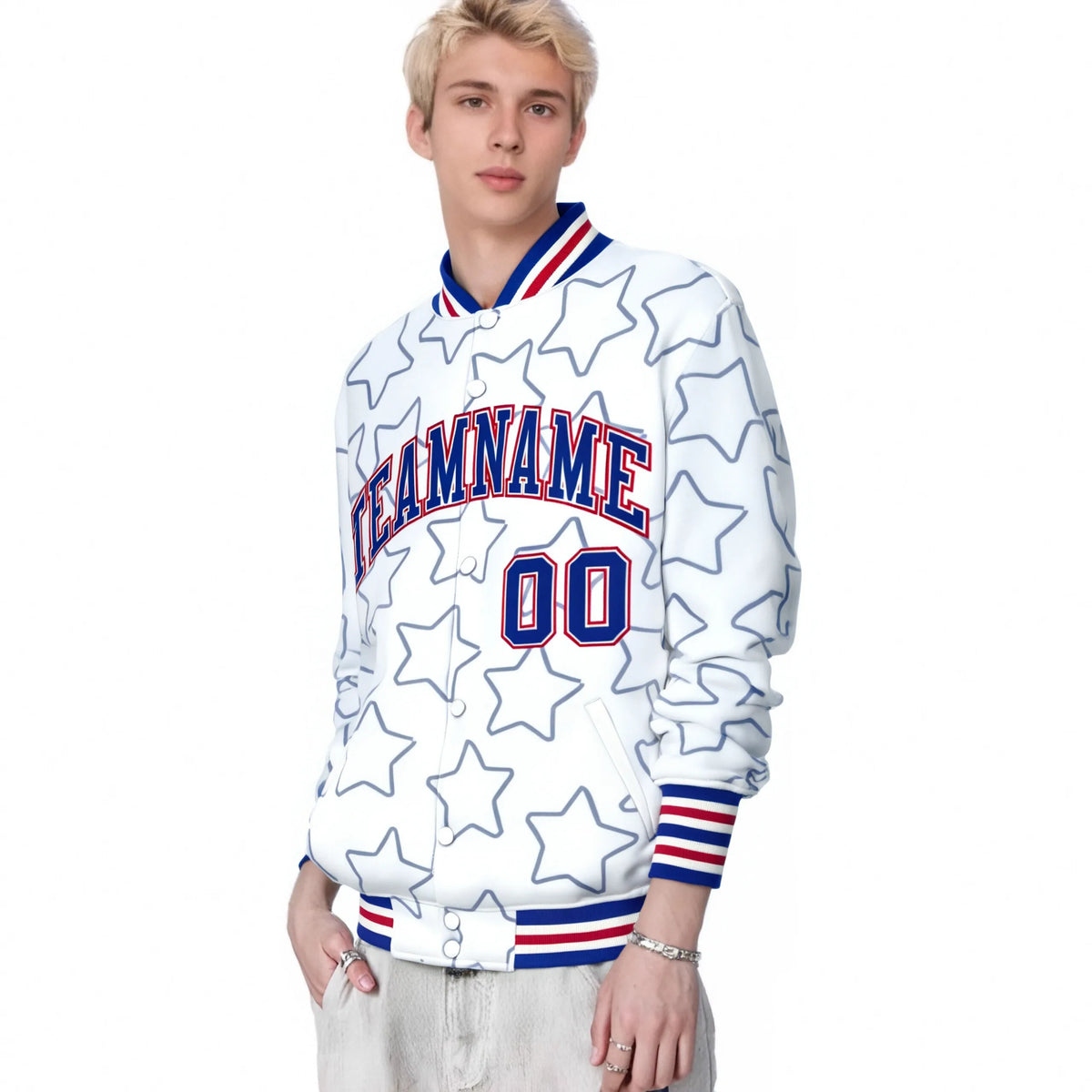 Custom White Royal Blue-Royal Blue Varsity Full-Snap Star Pattern Letterman Baseball Jacket